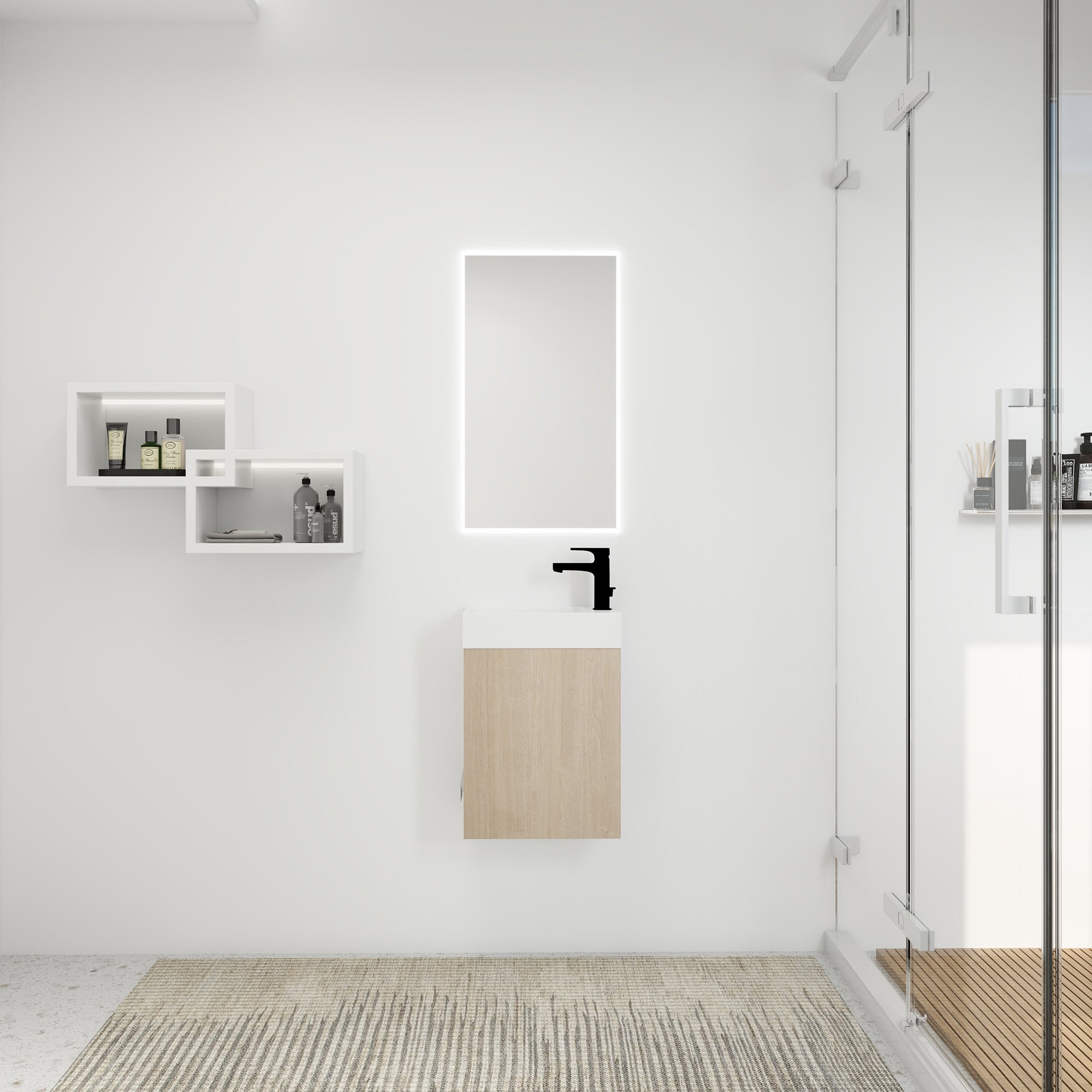 16 Inch Plywood Wall-Mounted Bathroom Vanity Set in Plain Light Oak with Single Gel Sink