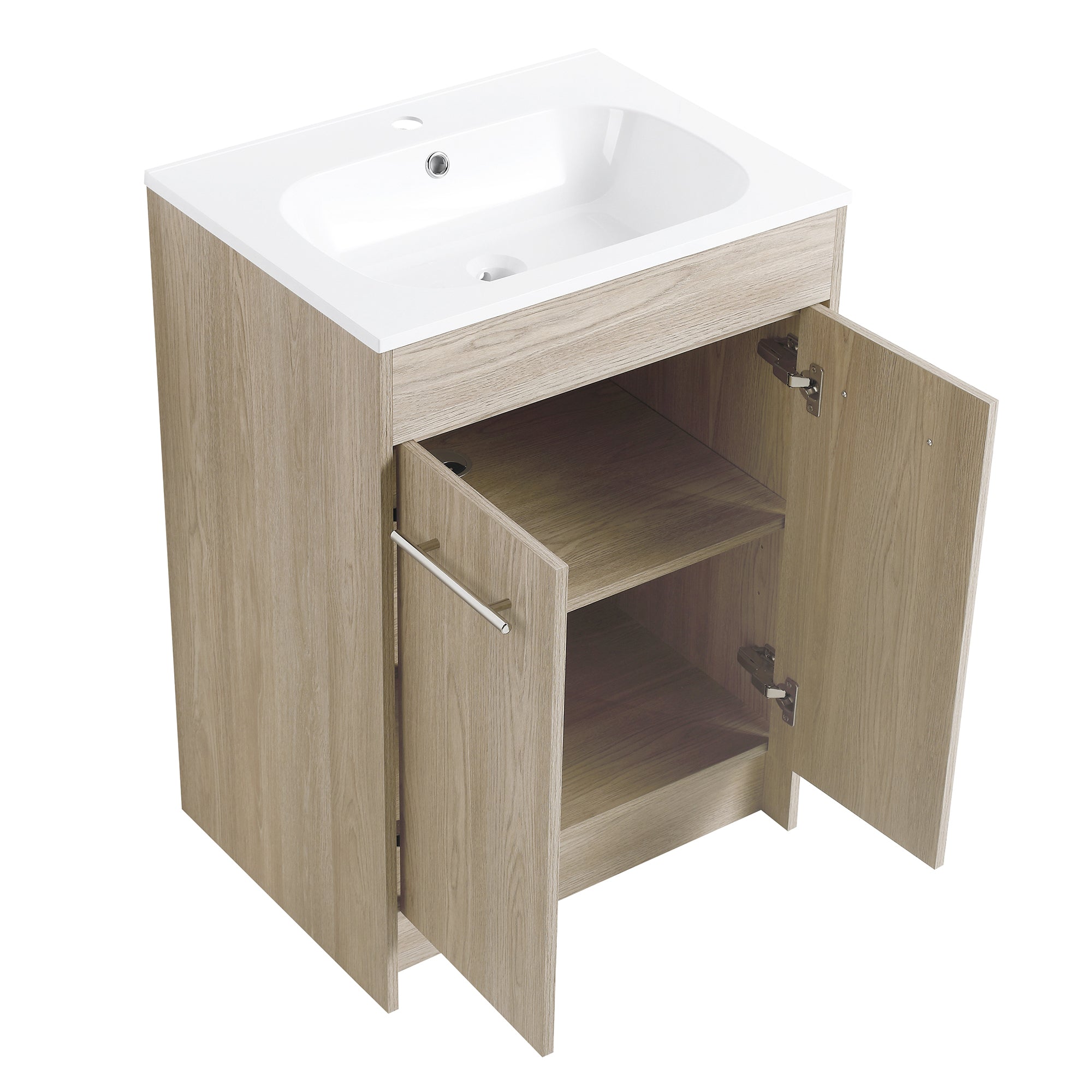 24 Inch Plywood Freestanding Bathroom Vanity With White Resin Sink and Doors and shelf