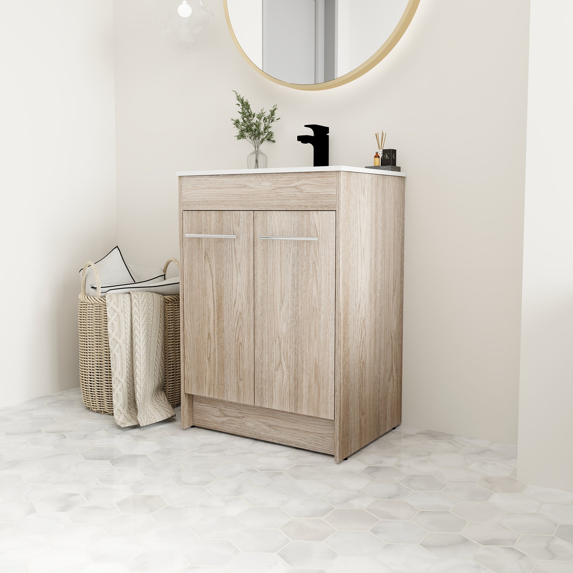 24 Inch Plywood Freestanding Bathroom Vanity With White Resin Sink and Doors and shelf