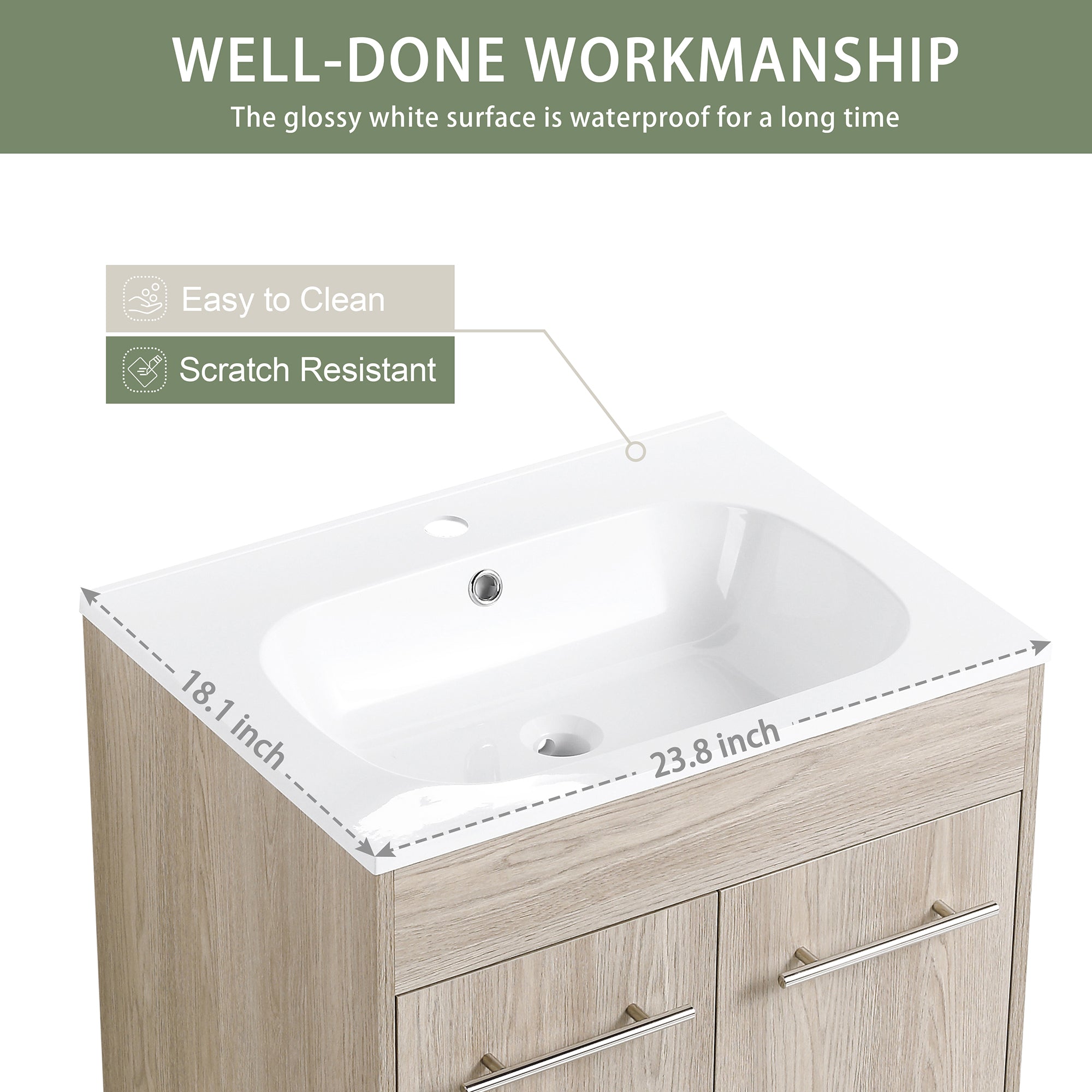 24 Inch Plywood Freestanding Bathroom Vanity With White Resin Sink and Doors and shelf