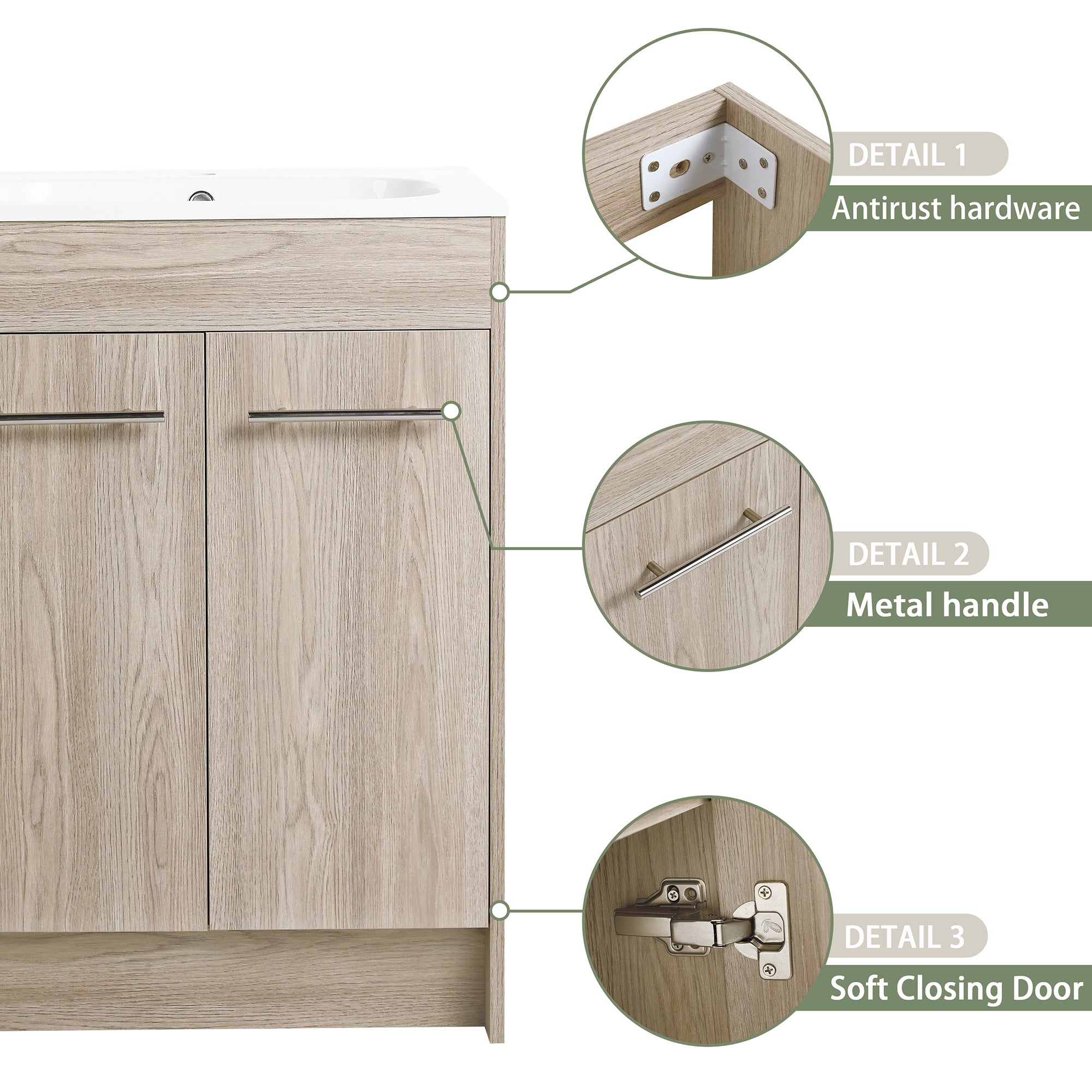 24 Inch Plywood Freestanding Bathroom Vanity With White Resin Sink and Doors and shelf