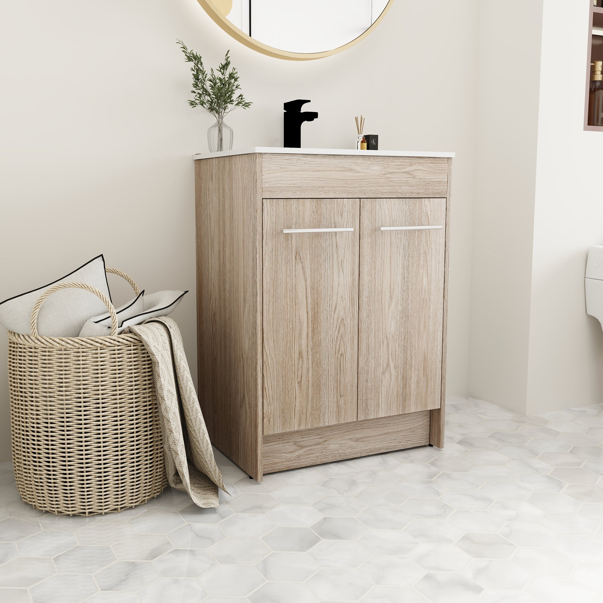 24 Inch Plywood Freestanding Bathroom Vanity With White Resin Sink and Doors and shelf