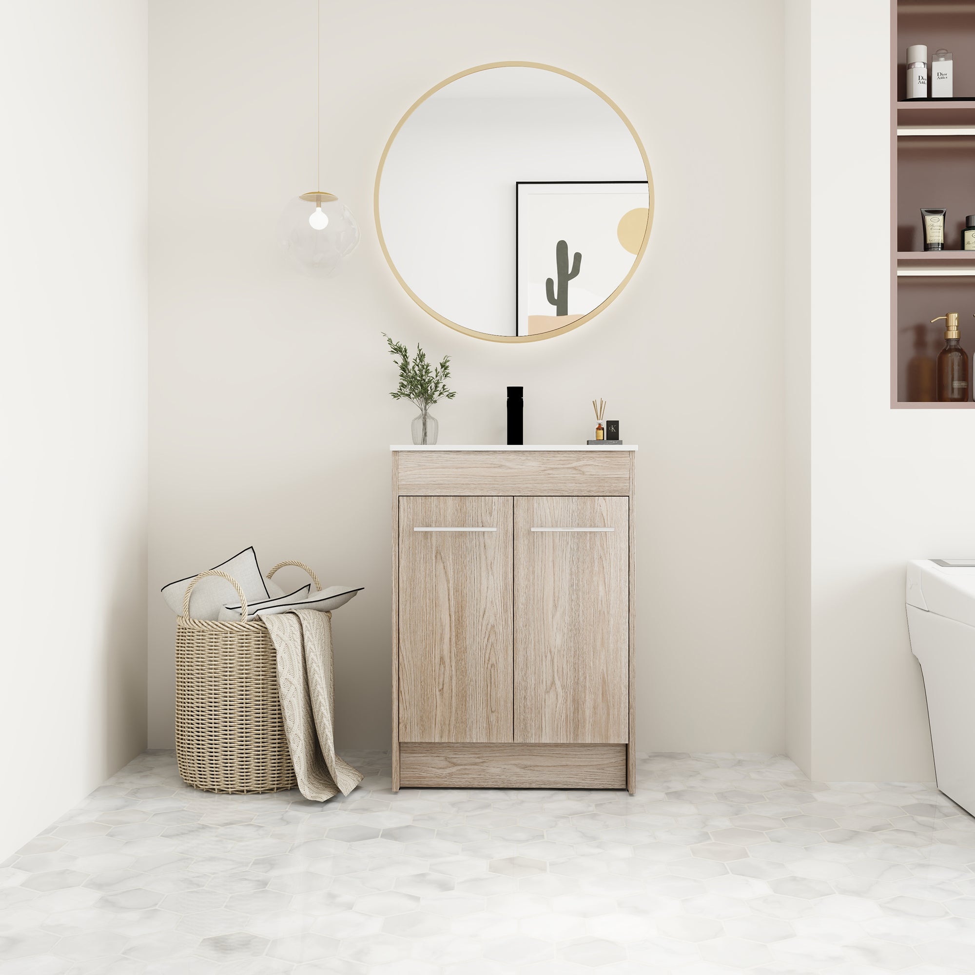 24 Inch Plywood Freestanding Bathroom Vanity With White Resin Sink and Doors and shelf