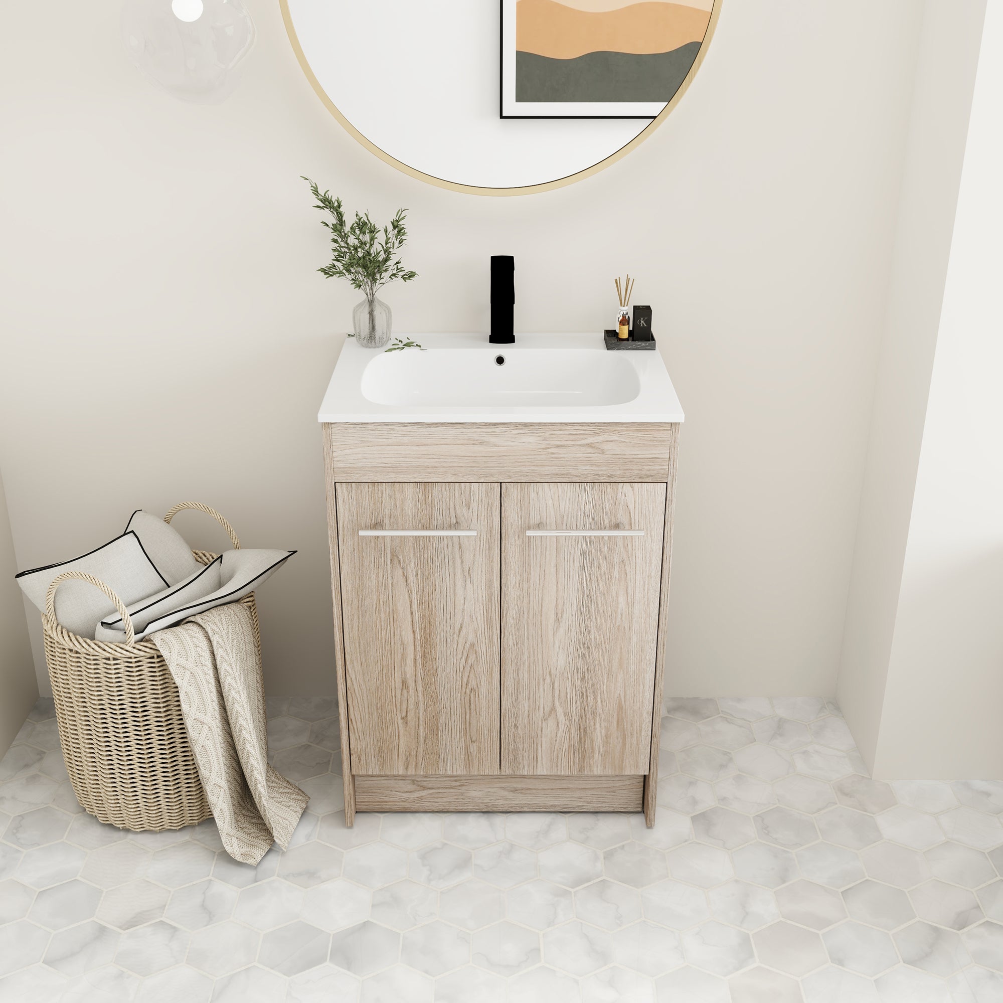 24 Inch Plywood Freestanding Bathroom Vanity With White Resin Sink and Doors and shelf