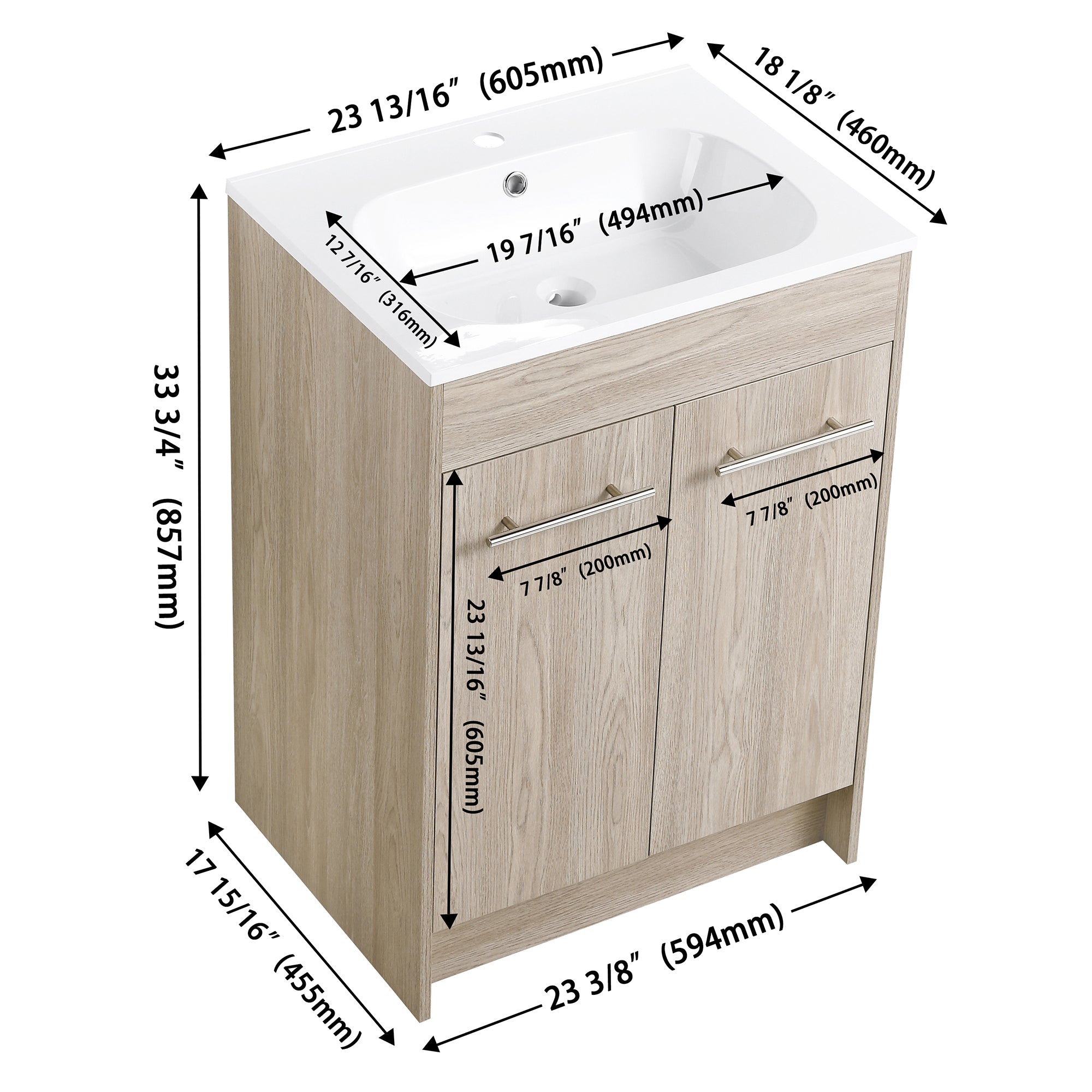 24 Inch Plywood Freestanding Bathroom Vanity With White Resin Sink and Doors and shelf