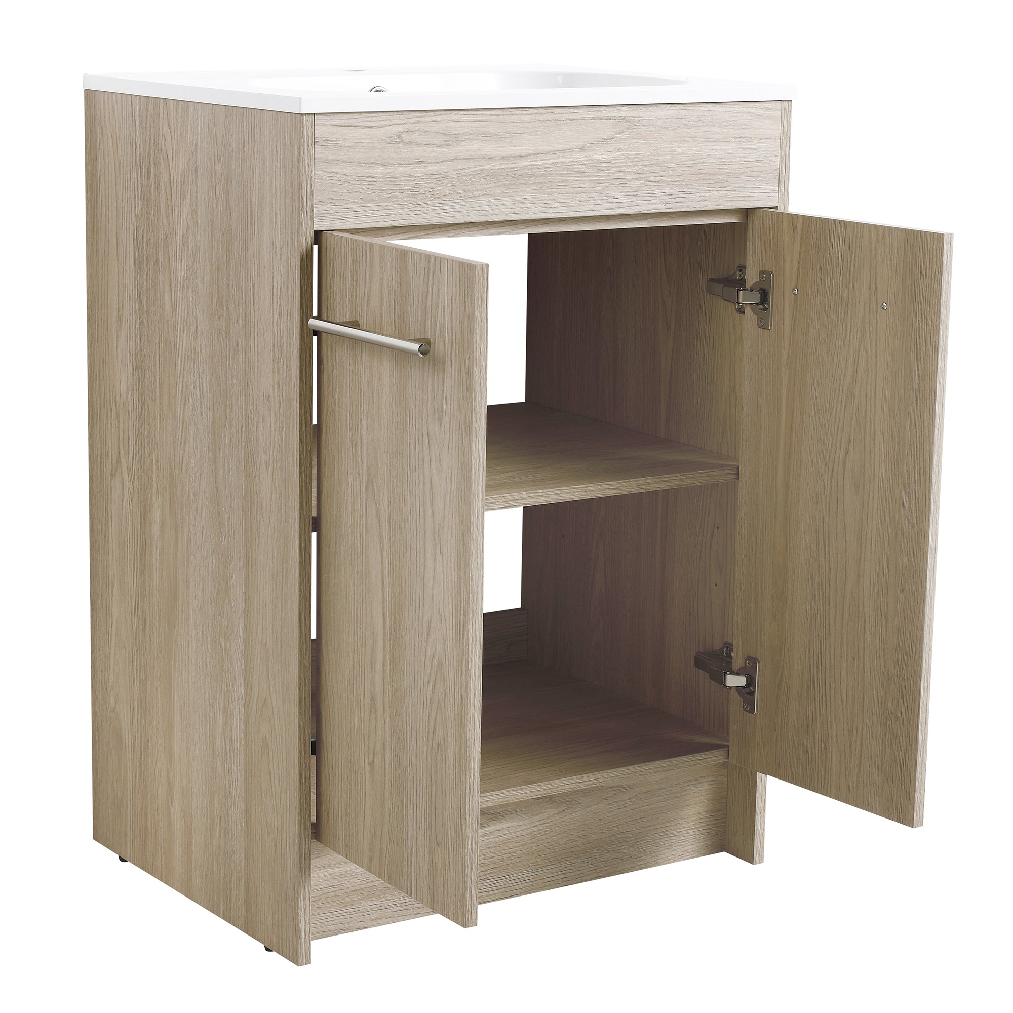 24 Inch Plywood Freestanding Bathroom Vanity With White Resin Sink and Doors and shelf