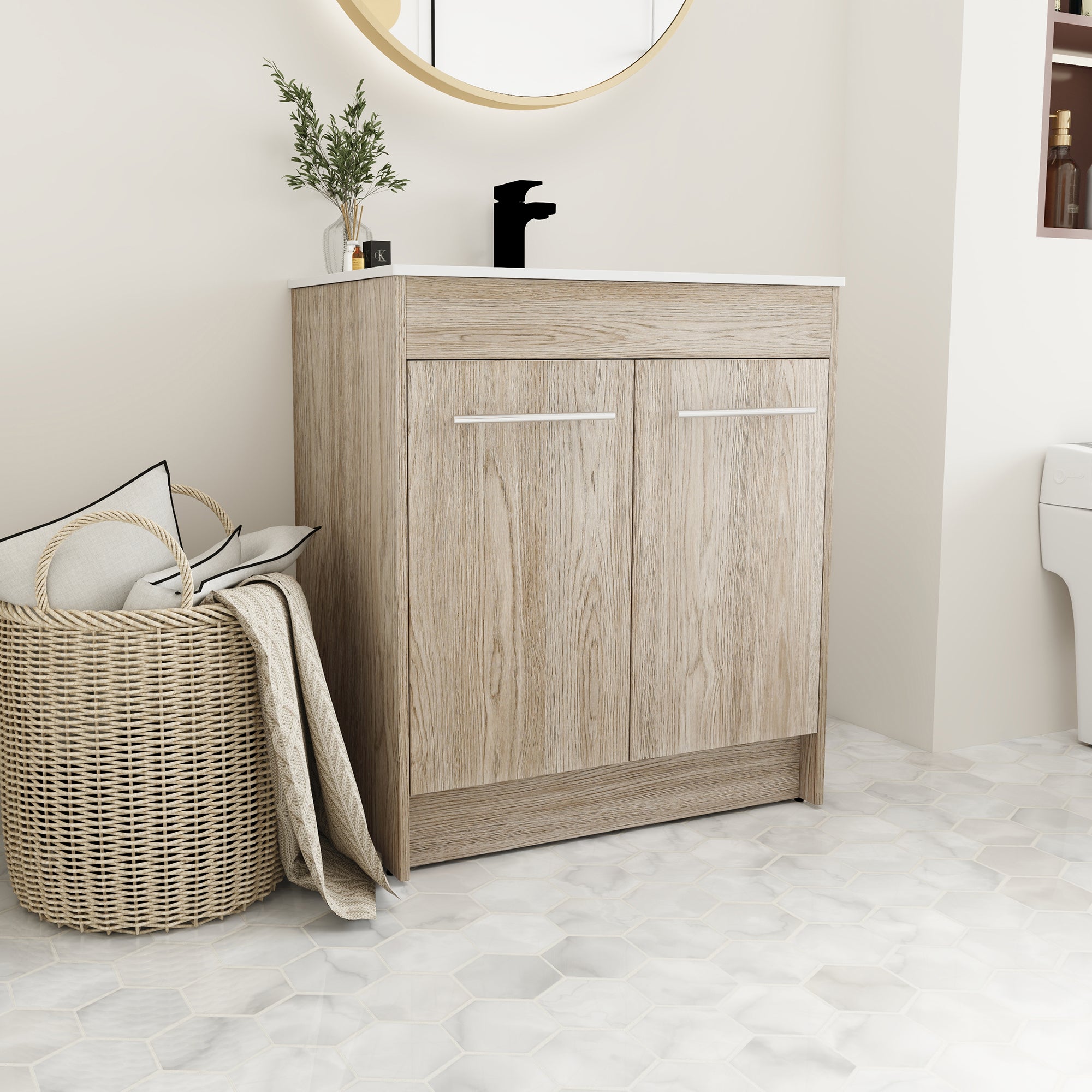 24 Inch Plywood Freestanding Bathroom Vanity With White Resin Sink and Doors and shelf