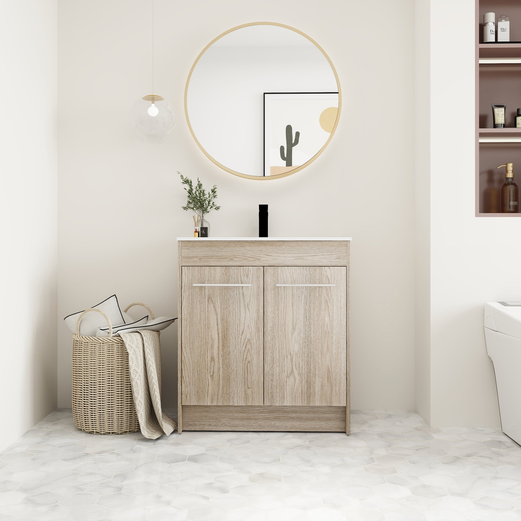 24 Inch Plywood Freestanding Bathroom Vanity With White Resin Sink and Doors and shelf
