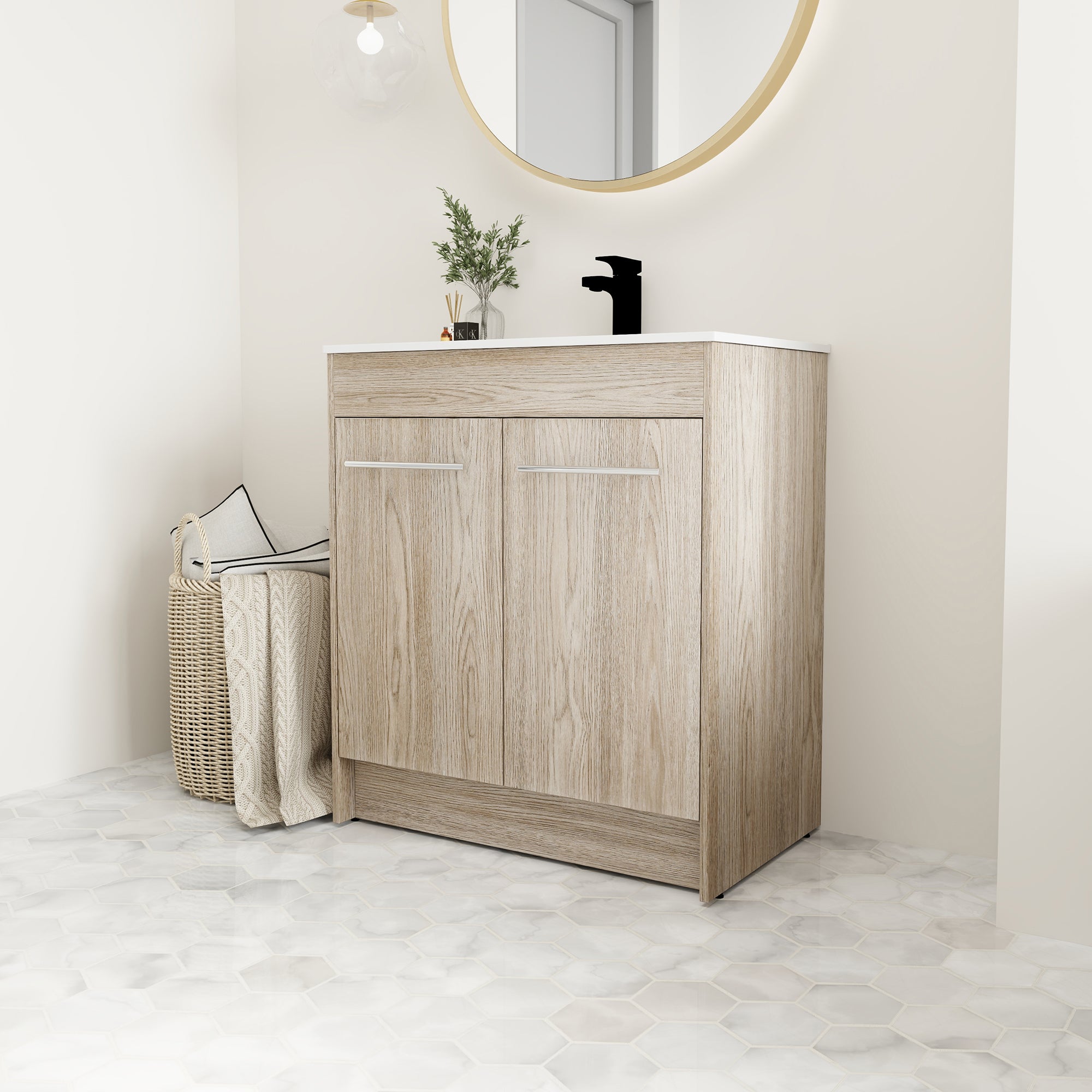 24 Inch Plywood Freestanding Bathroom Vanity With White Resin Sink and Doors and shelf