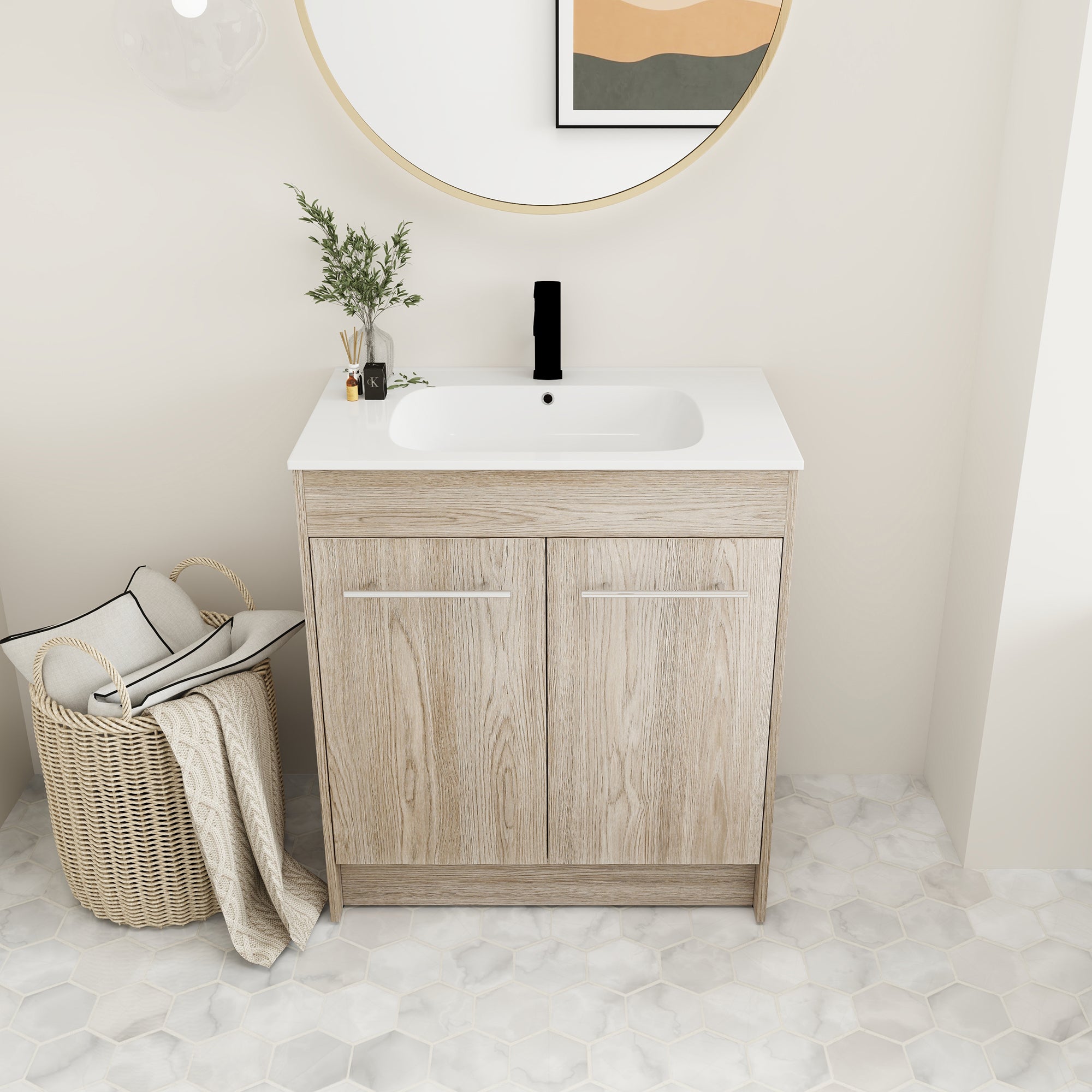 24 Inch Plywood Freestanding Bathroom Vanity With White Resin Sink and Doors and shelf