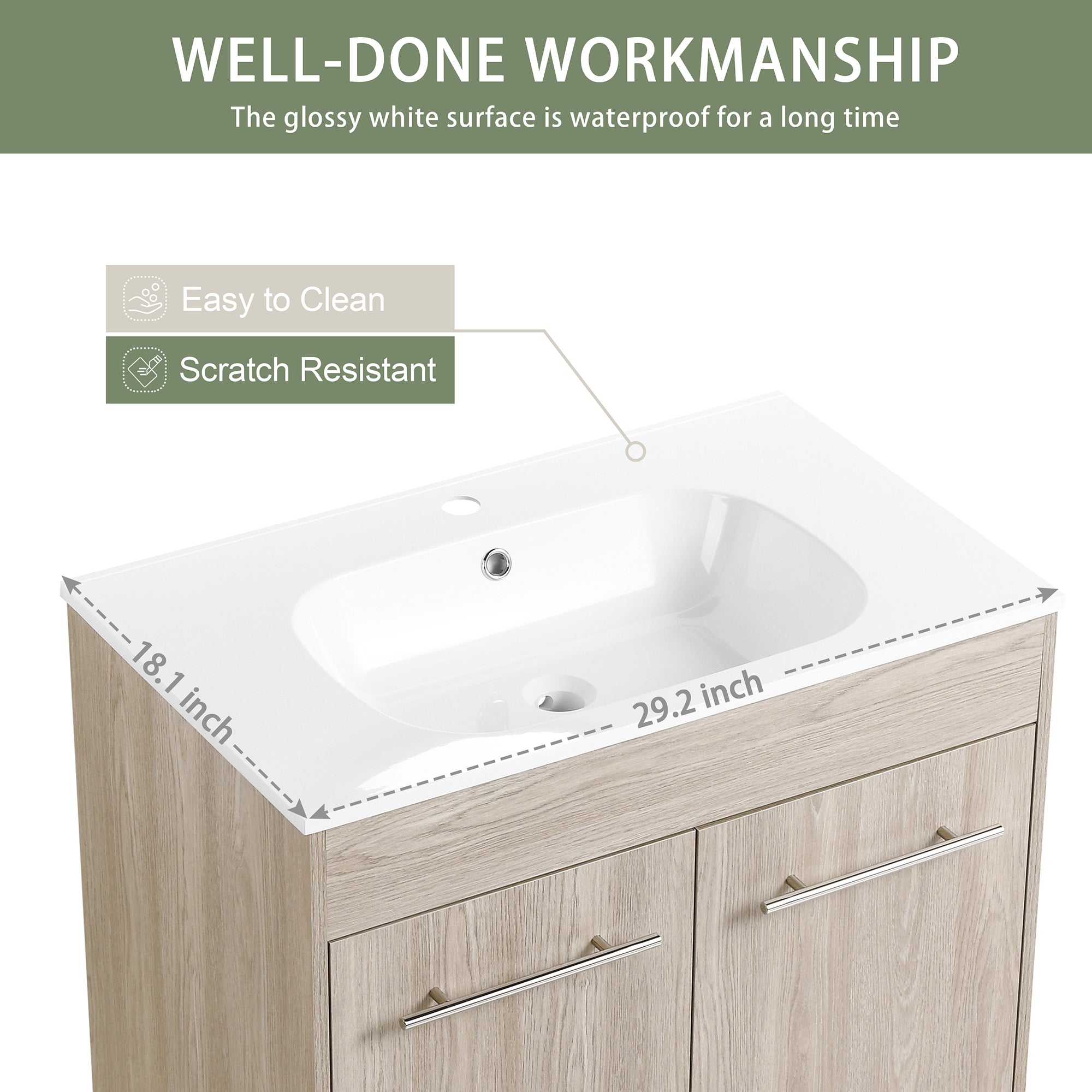 24 Inch Plywood Freestanding Bathroom Vanity With White Resin Sink and Doors and shelf