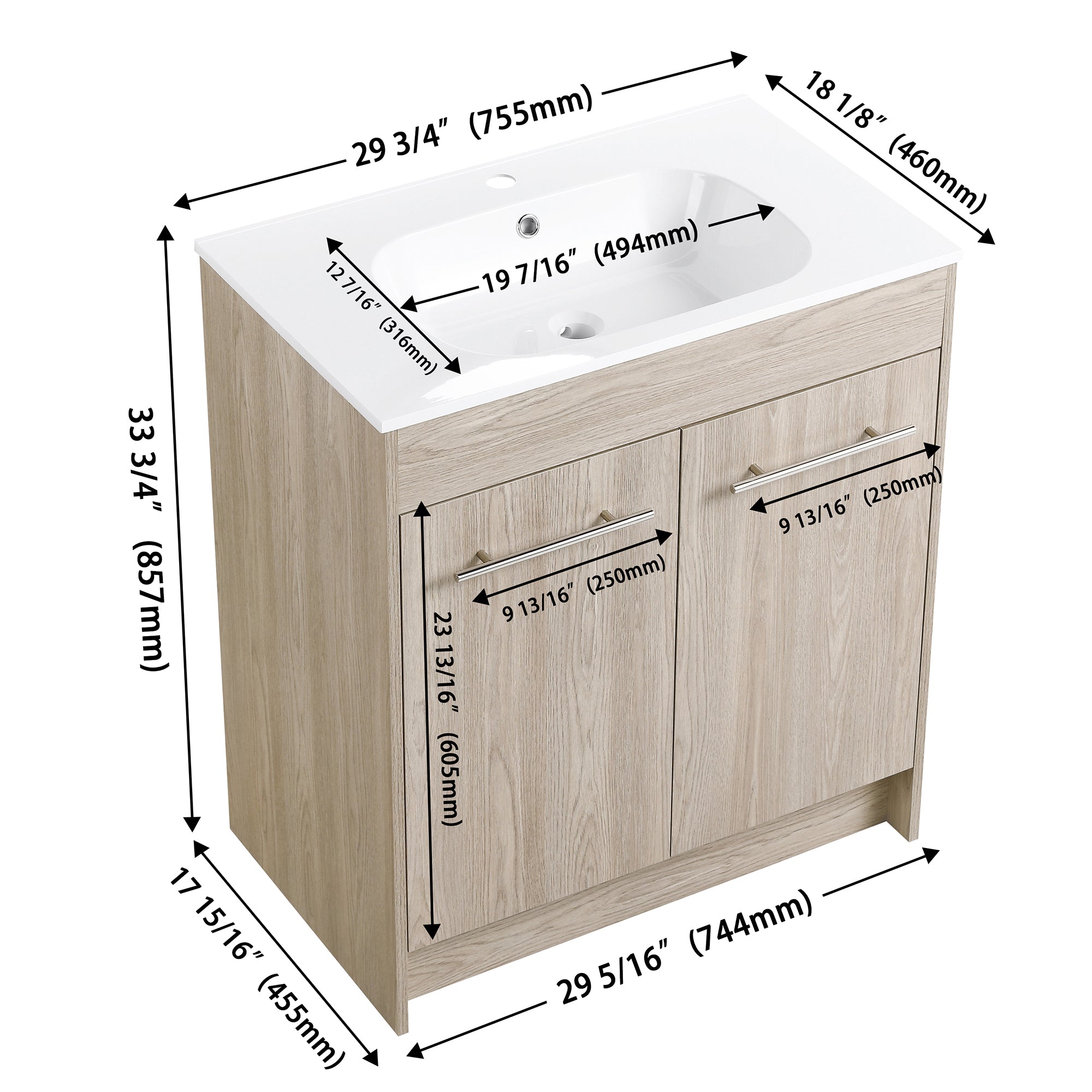 24 Inch Plywood Freestanding Bathroom Vanity With White Resin Sink and Doors and shelf