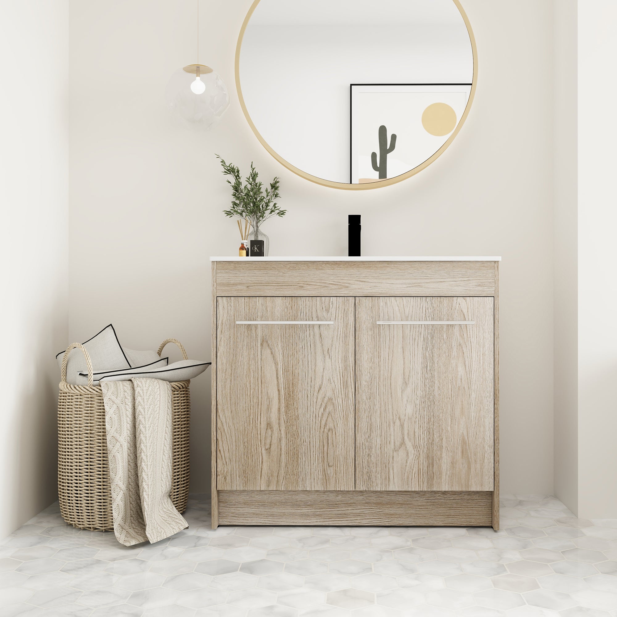 36 Inch Plywood Freestanding Bathroom Vanity with Gel Basin and Doors