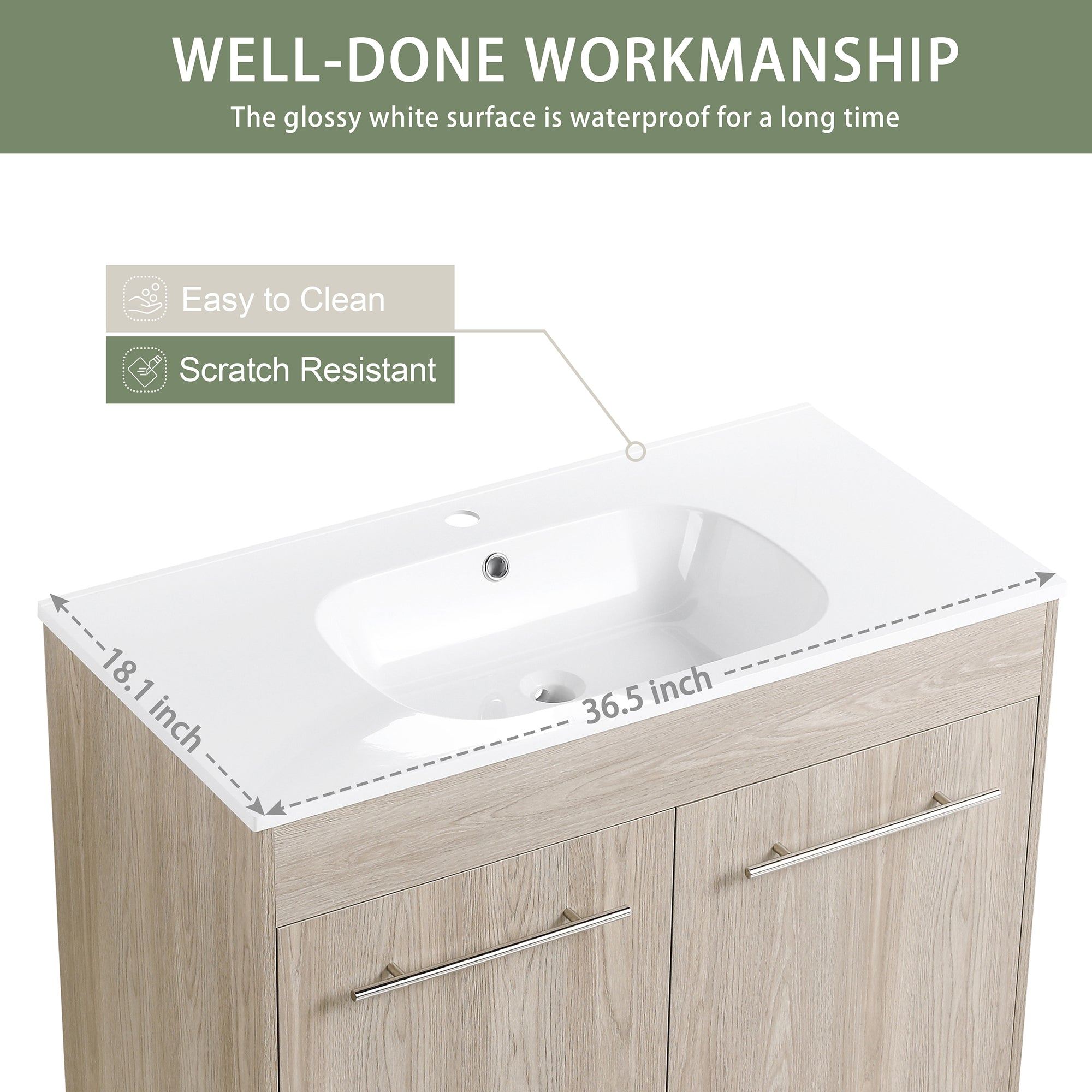 36 Inch Plywood Freestanding Bathroom Vanity with Gel Basin and Doors