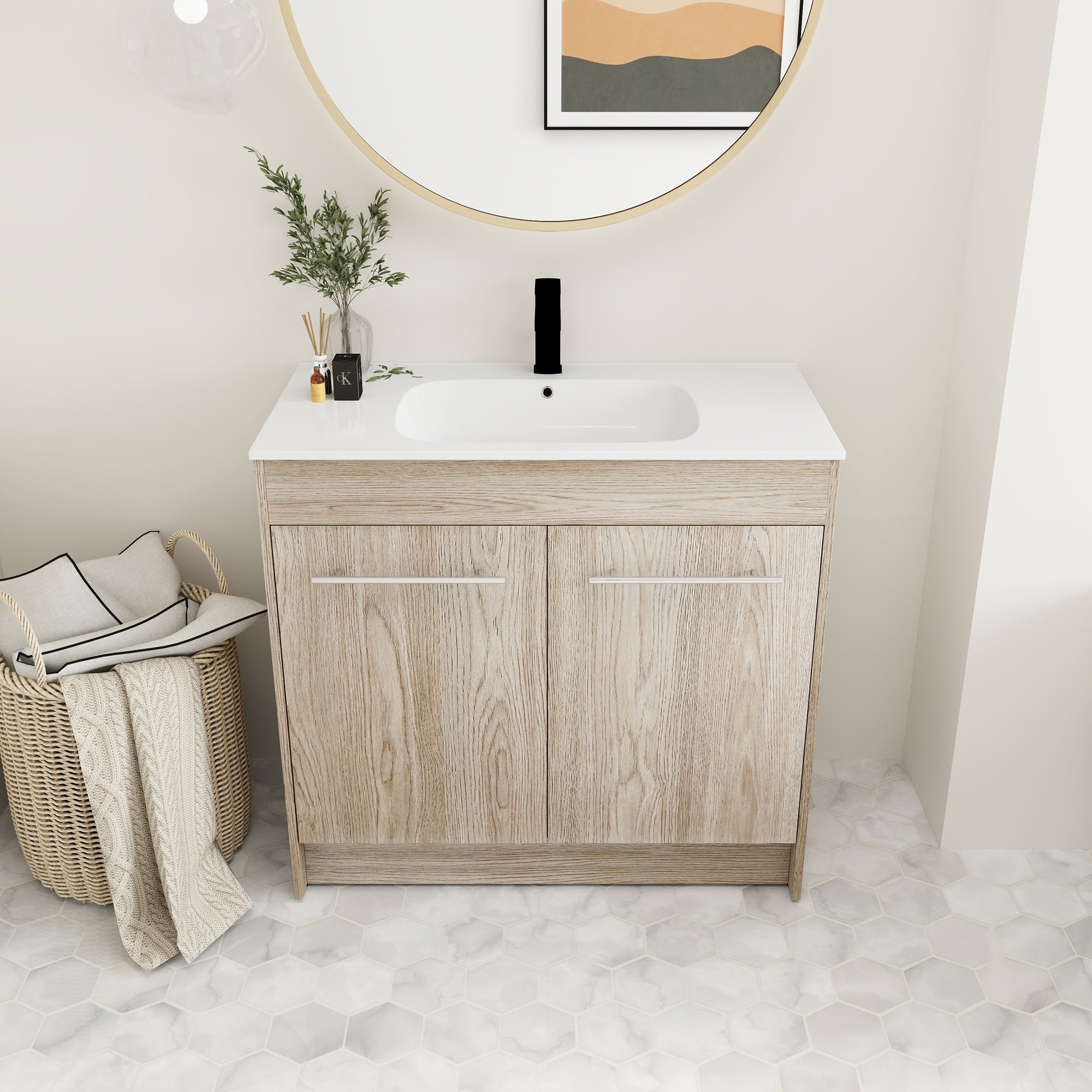 36 Inch Plywood Freestanding Bathroom Vanity with Gel Basin and Doors