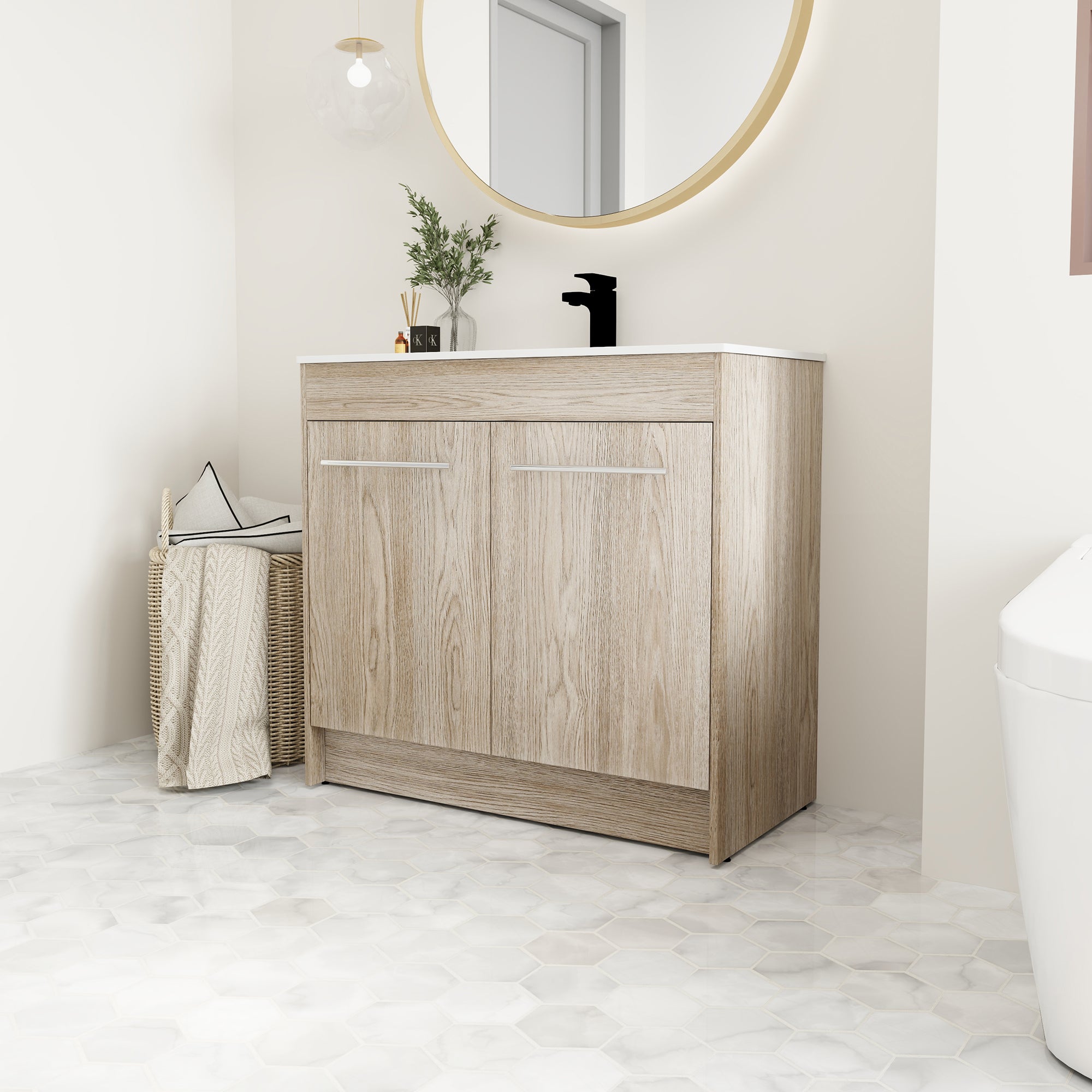 36 Inch Plywood Freestanding Bathroom Vanity with Gel Basin and Doors