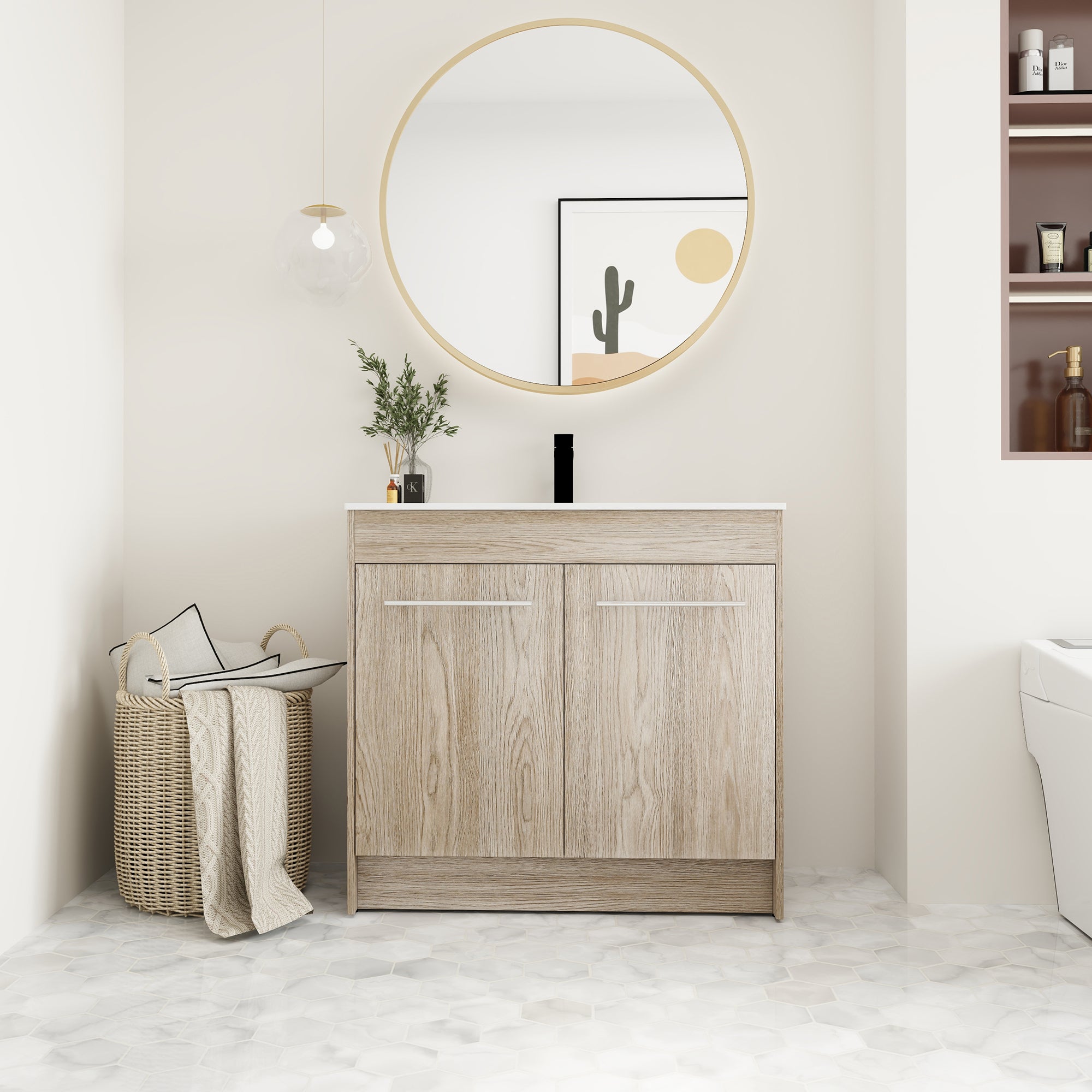 36 Inch Plywood Freestanding Bathroom Vanity with Gel Basin and Doors
