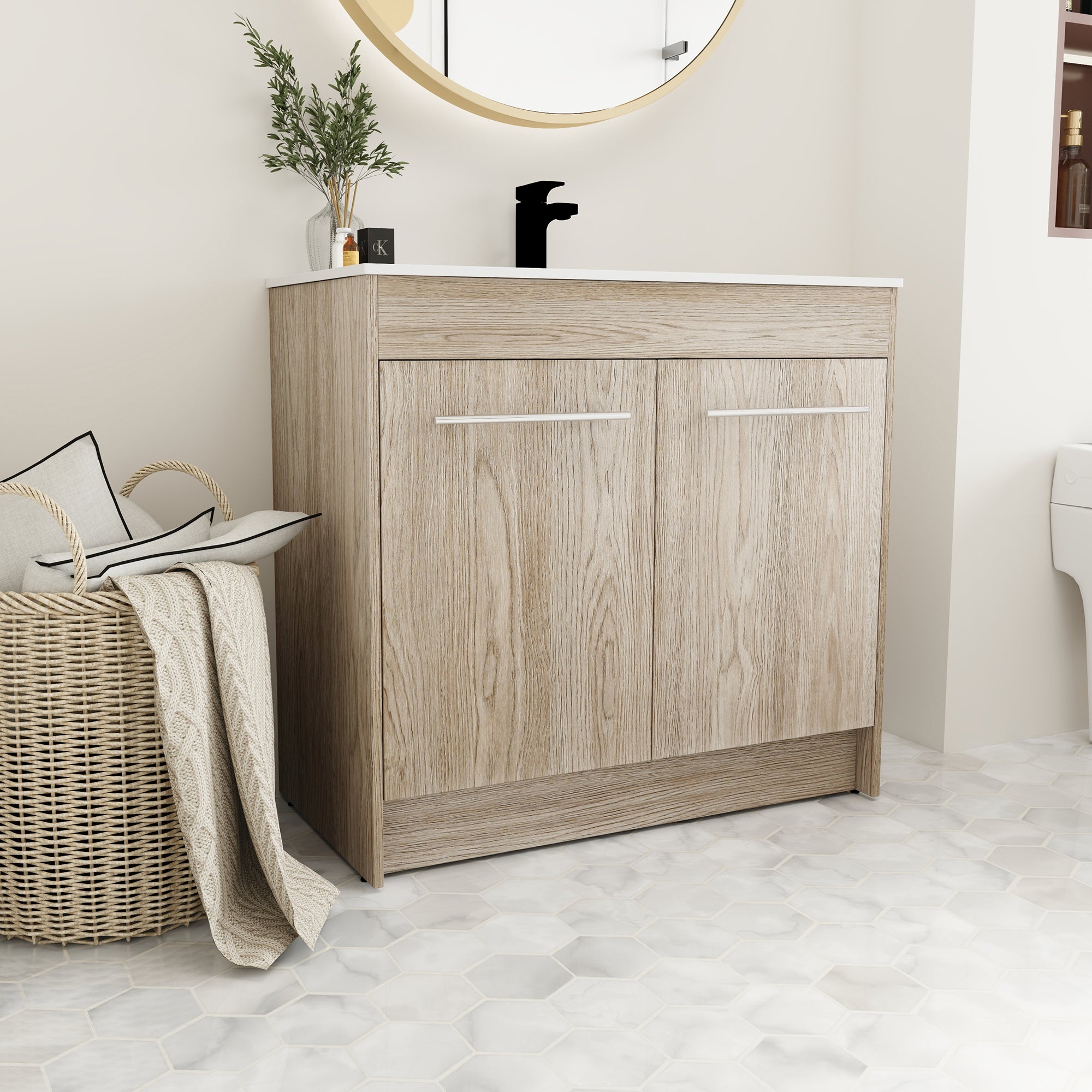 36 Inch Plywood Freestanding Bathroom Vanity with Gel Basin and Doors