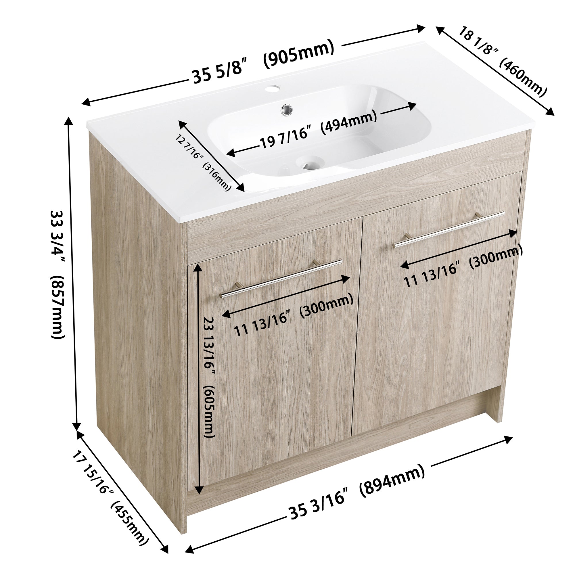 36 Inch Plywood Freestanding Bathroom Vanity with Gel Basin and Doors