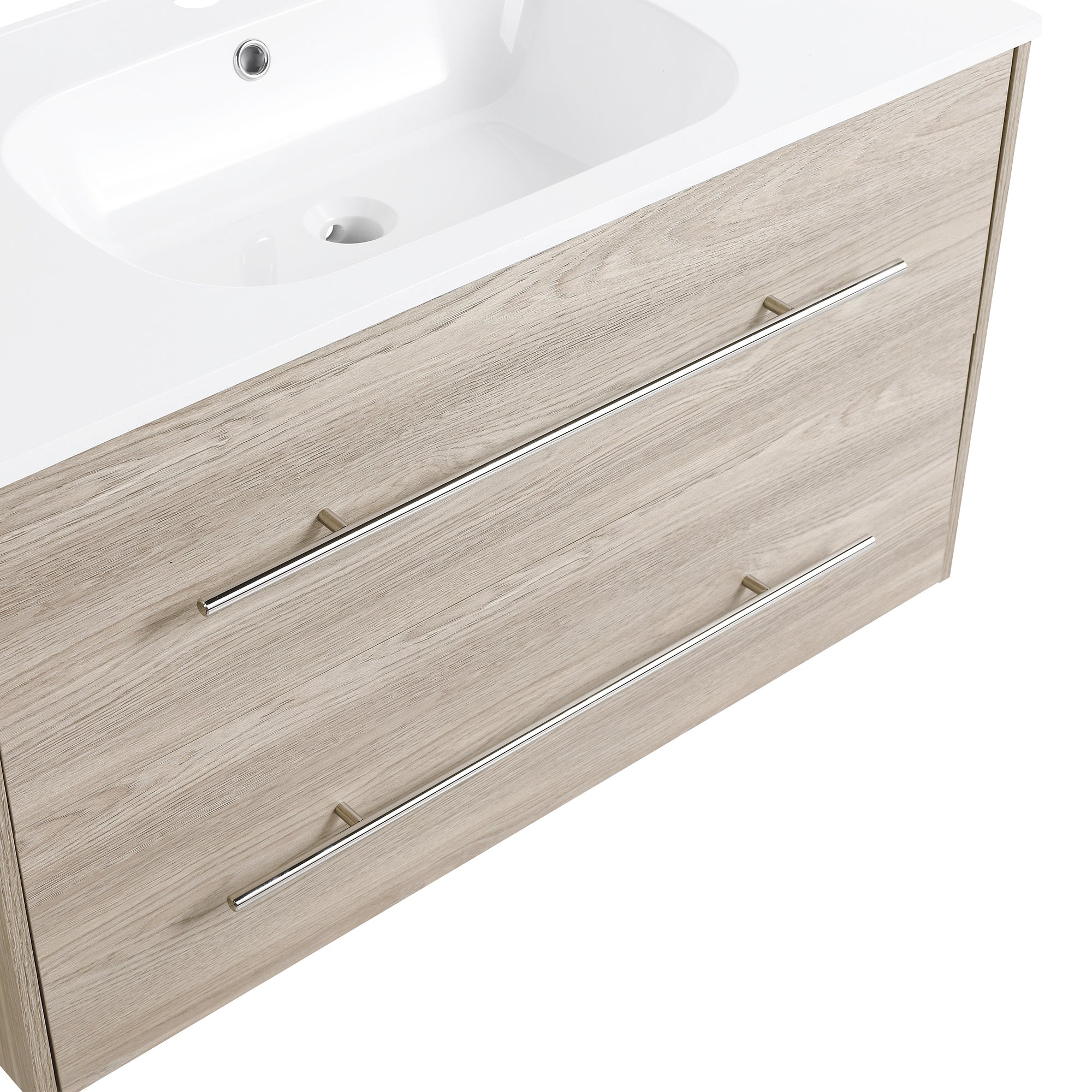 36 Inch Plywood Wall-Mounted Bathroom Vanity Set in White Oak with Integrated Resin Sink