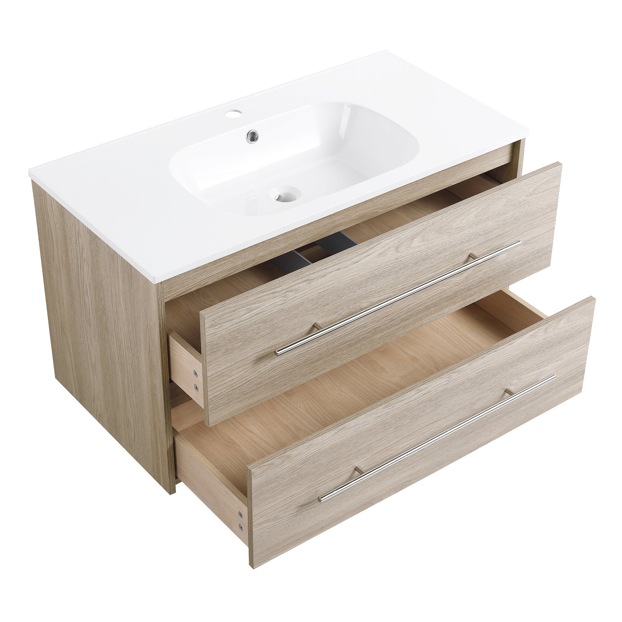 36 Inch Plywood Wall-Mounted Bathroom Vanity Set in White Oak with Integrated Resin Sink
