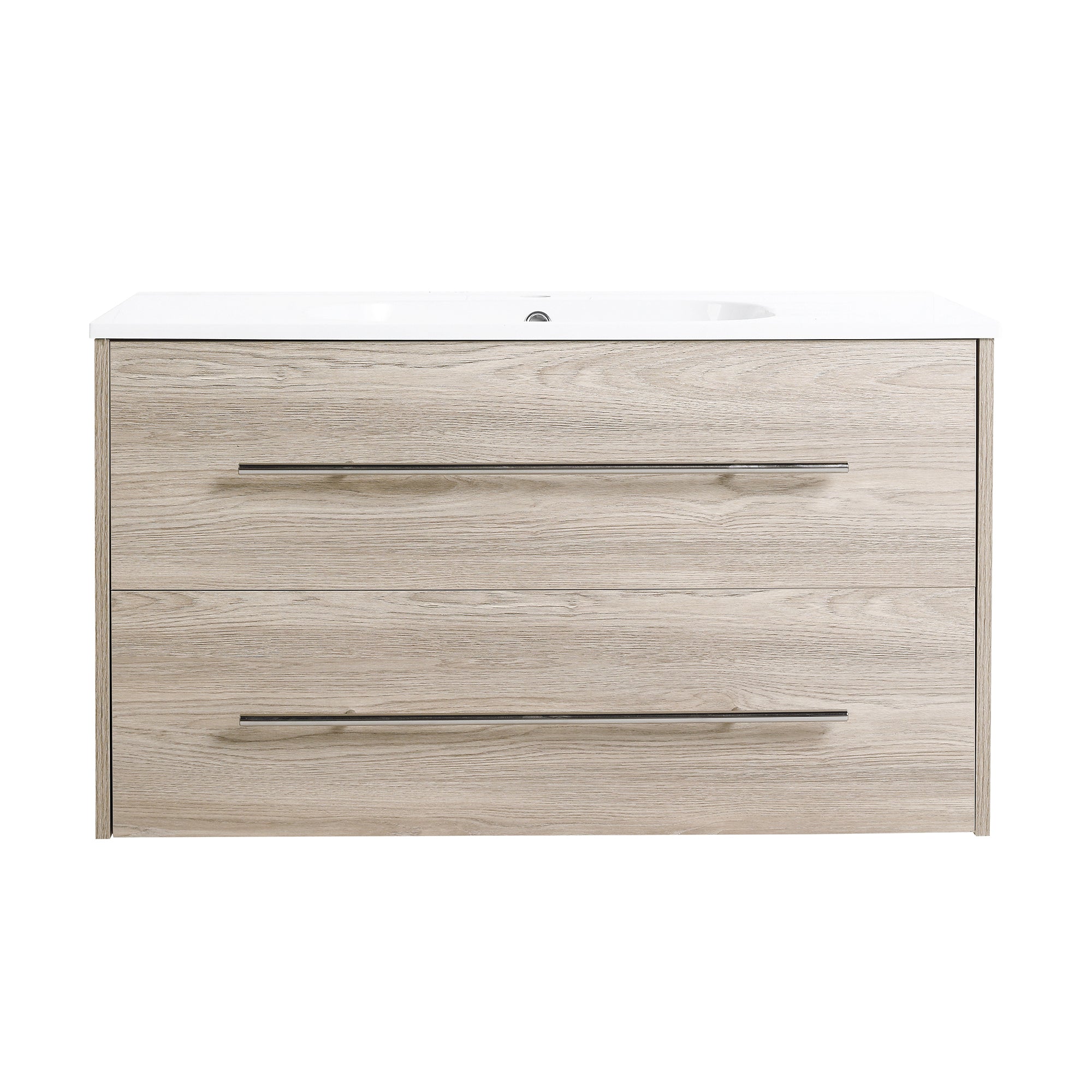 36 Inch Plywood Wall-Mounted Bathroom Vanity Set in White Oak with Integrated Resin Sink