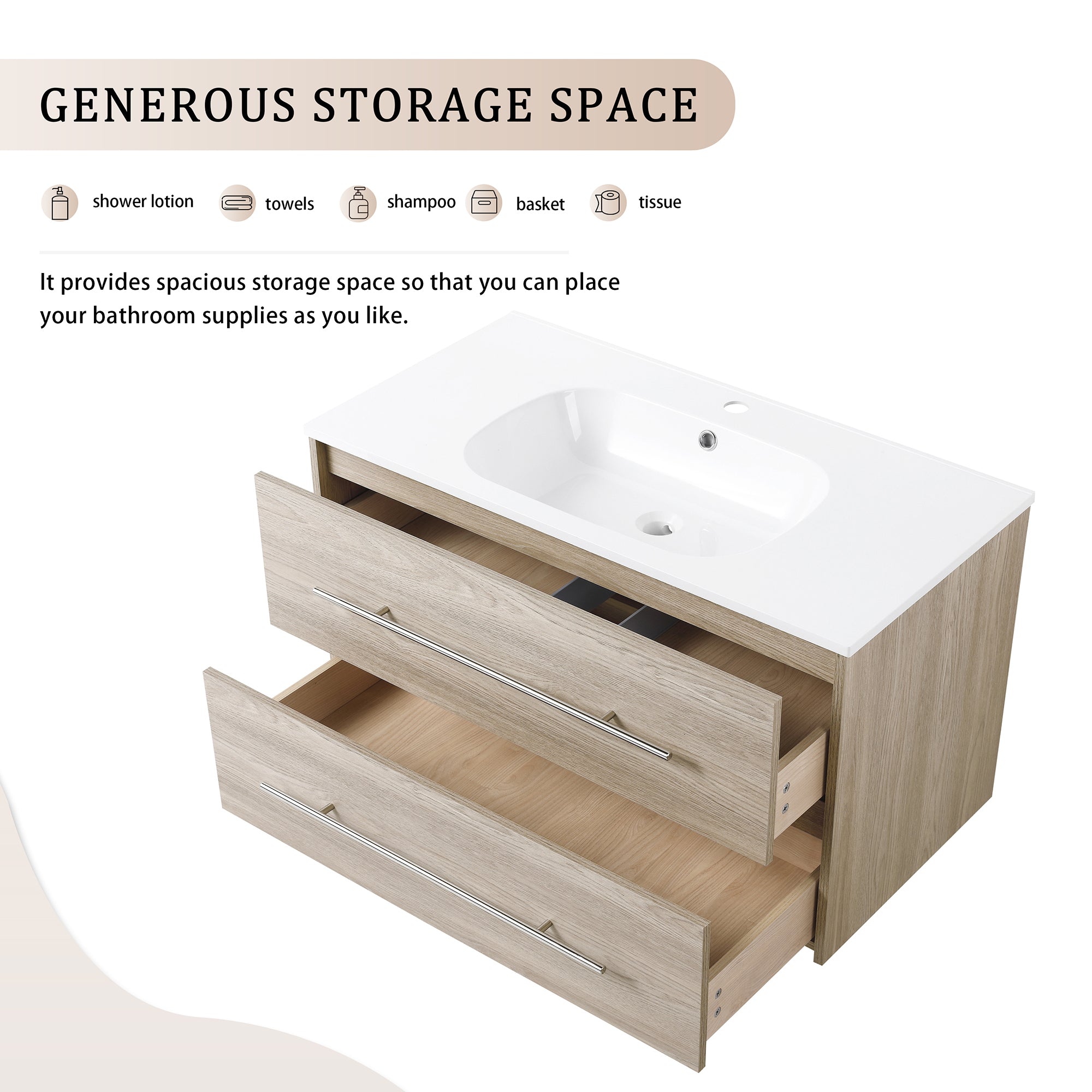 36 Inch Plywood Wall-Mounted Bathroom Vanity Set in White Oak with Integrated Resin Sink