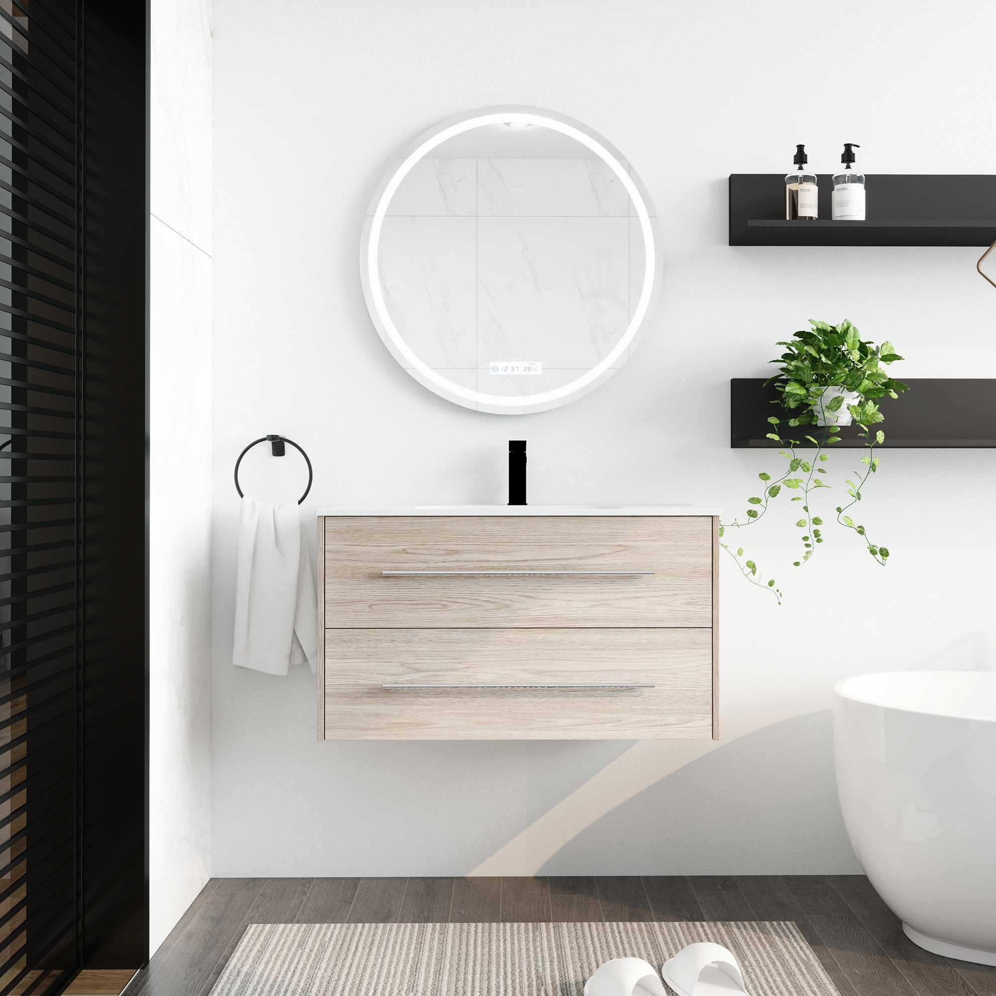 36 Inch Plywood Wall-Mounted Bathroom Vanity Set in White Oak with Integrated Resin Sink