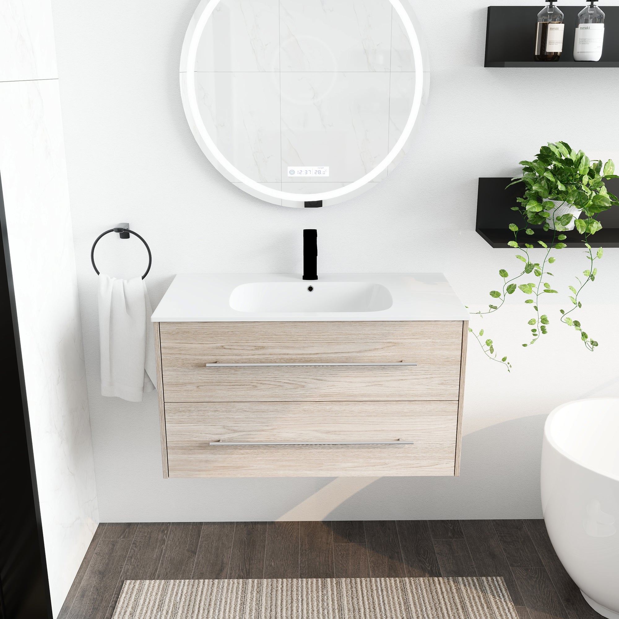 36 Inch Plywood Wall-Mounted Bathroom Vanity Set in White Oak with Integrated Resin Sink