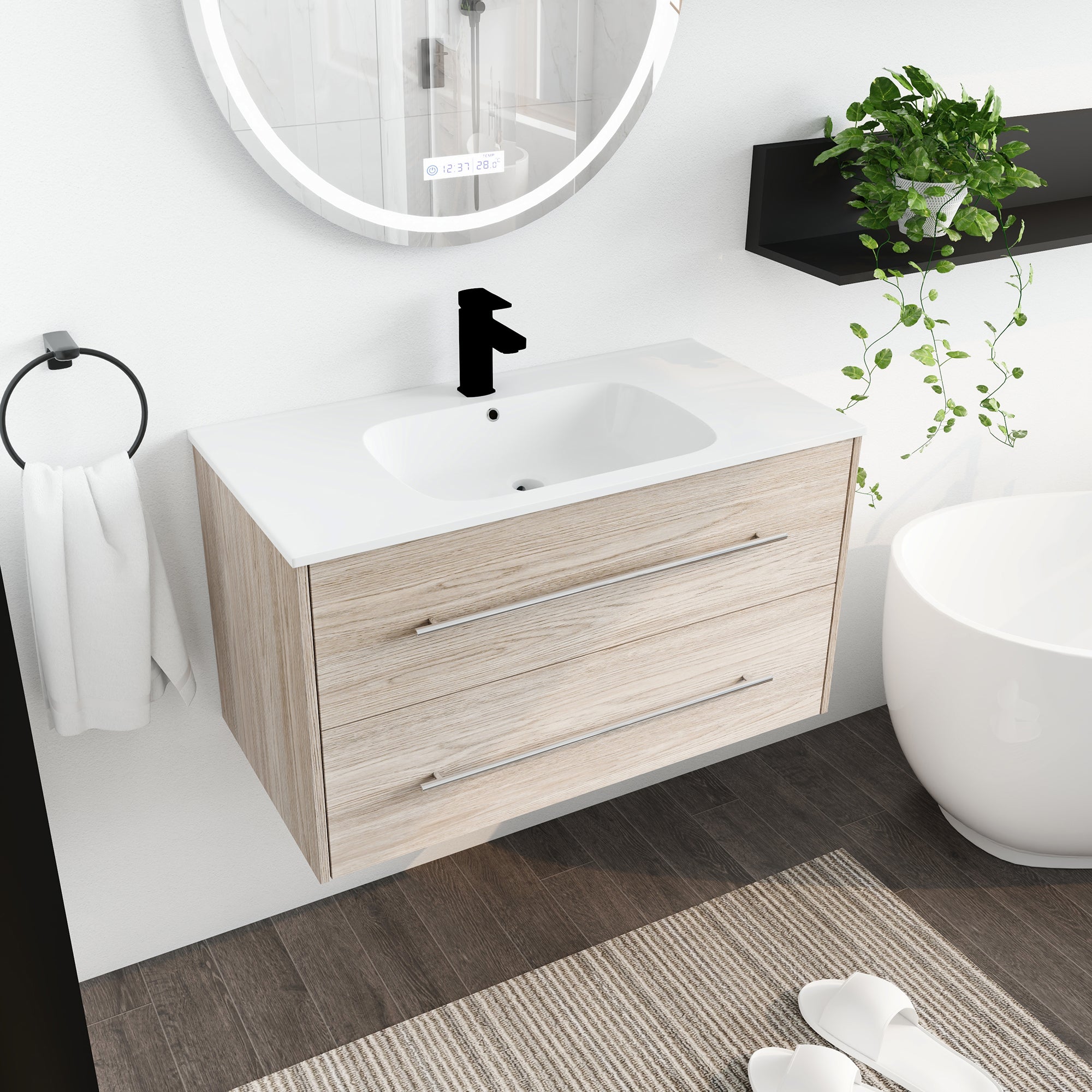 36 Inch Plywood Wall-Mounted Bathroom Vanity Set in White Oak with Integrated Resin Sink