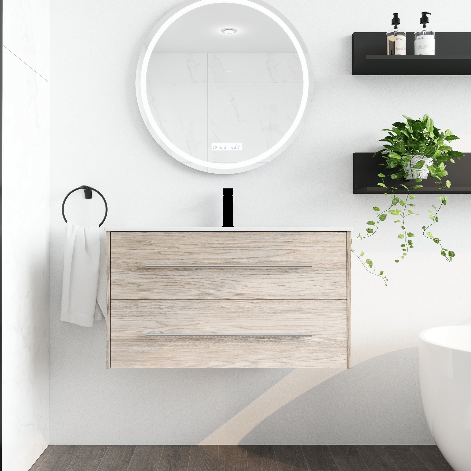 36 Inch Plywood Wall-Mounted Bathroom Vanity Set in White Oak with Integrated Resin Sink