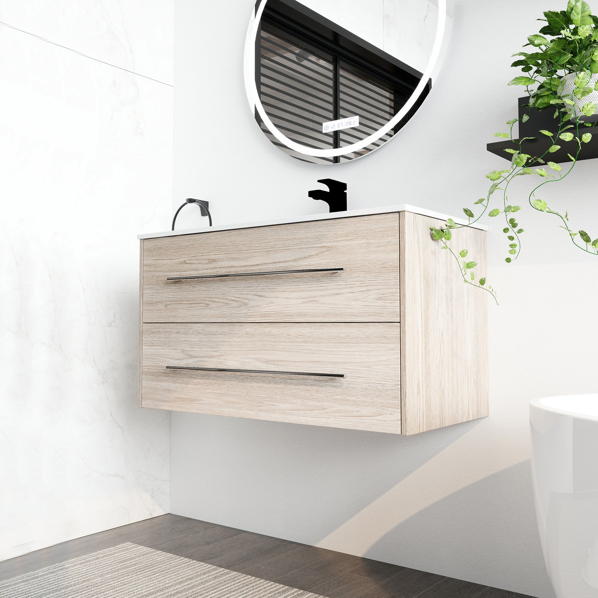 36 Inch Plywood Wall-Mounted Bathroom Vanity Set in White Oak with Integrated Resin Sink