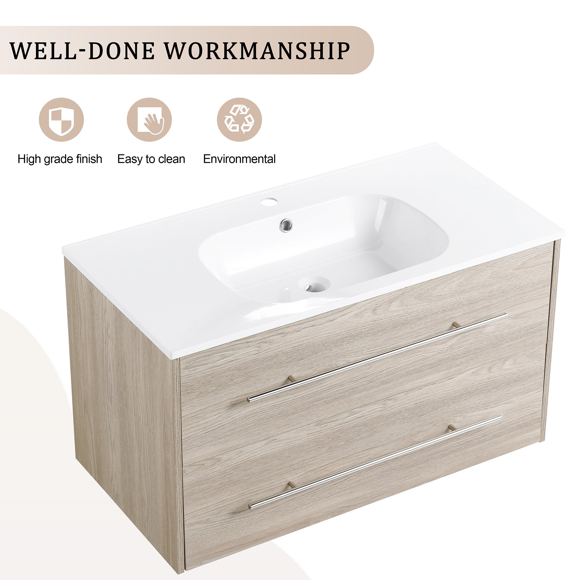 36 Inch Plywood Wall-Mounted Bathroom Vanity Set in White Oak with Integrated Resin Sink