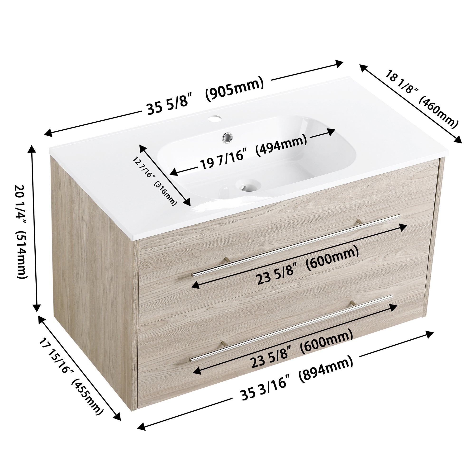 36 Inch Plywood Wall-Mounted Bathroom Vanity Set in White Oak with Integrated Resin Sink