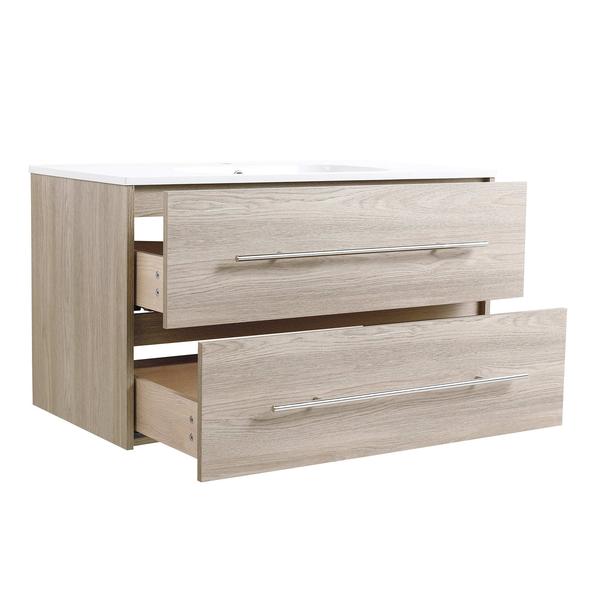 36 Inch Plywood Wall-Mounted Bathroom Vanity Set in White Oak with Integrated Resin Sink