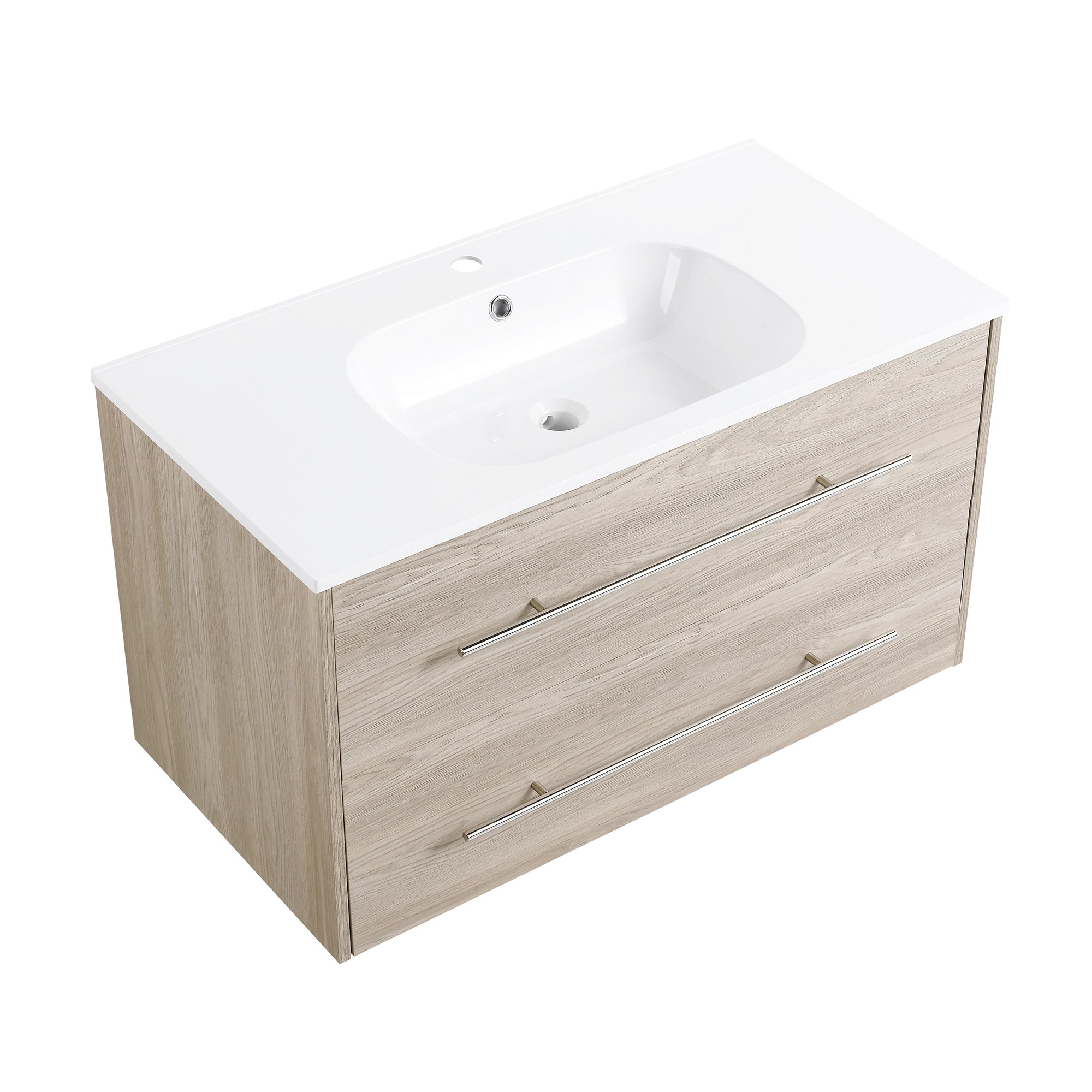 36 Inch Plywood Wall-Mounted Bathroom Vanity Set in White Oak with Integrated Resin Sink