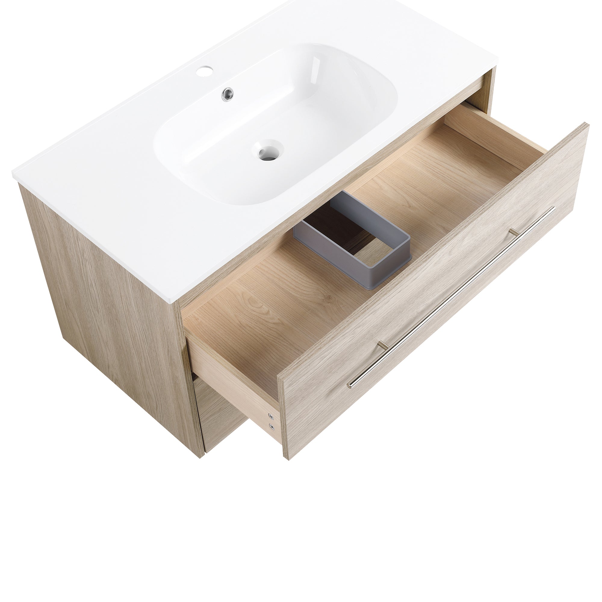 36 Inch Plywood Wall-Mounted Bathroom Vanity Set in White Oak with Integrated Resin Sink