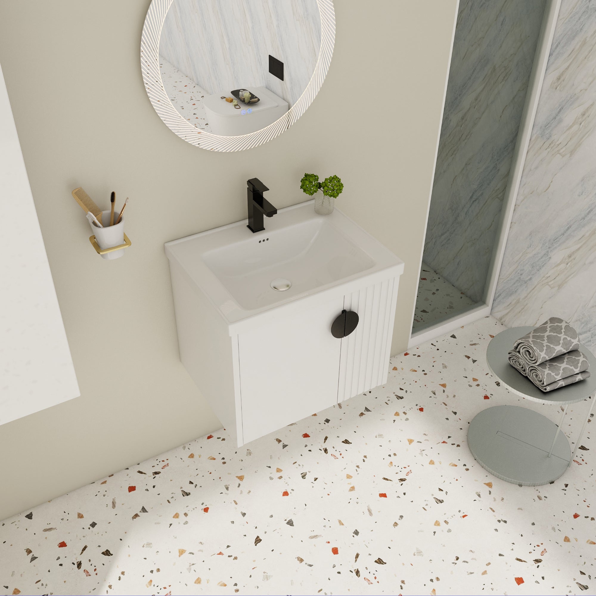 24 inch Plywood Wall Mounted Bathroom Vanity Set with Integrated Ceramic Sink