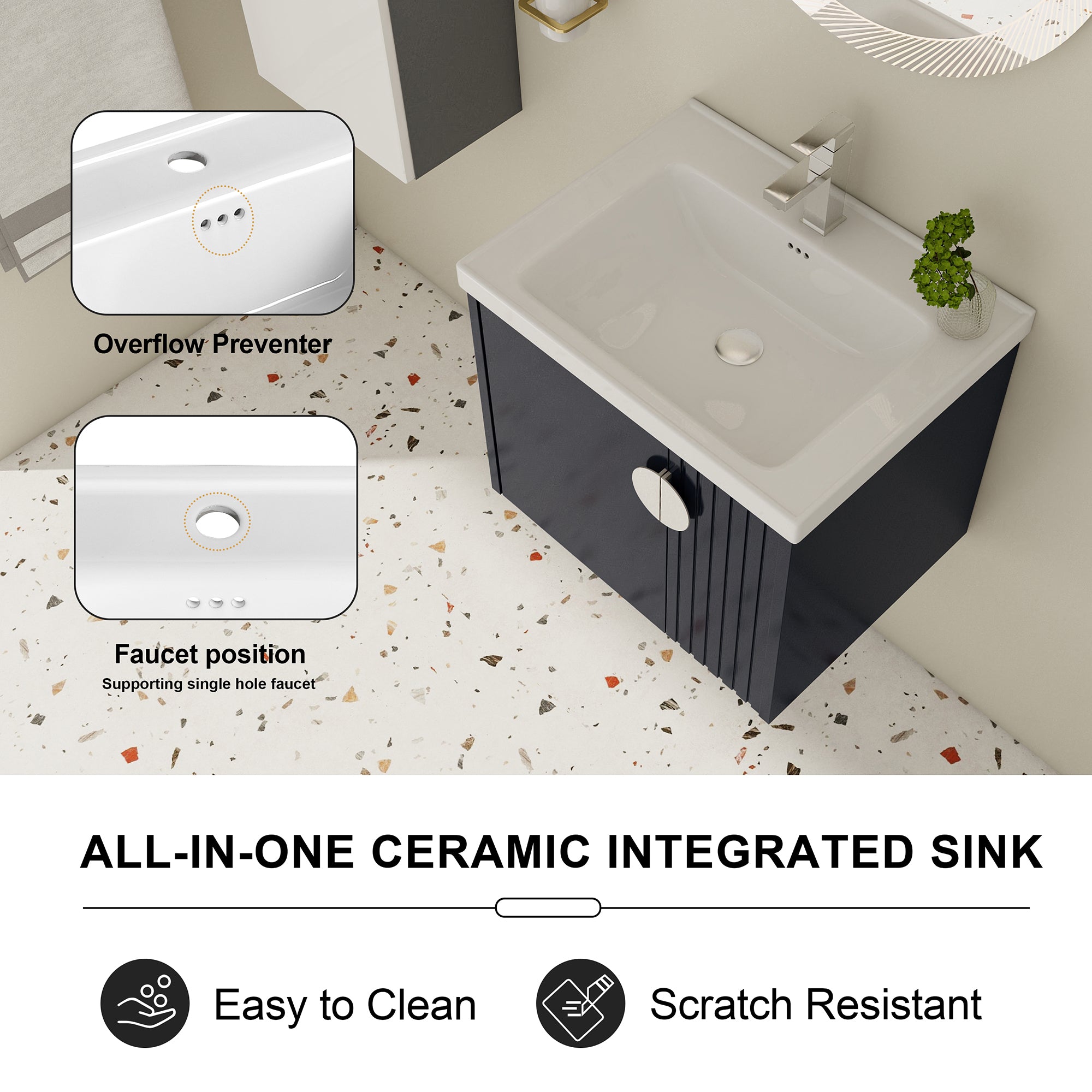 24 inch Plywood Wall Mounted Bathroom Vanity Set with Integrated Ceramic Sink