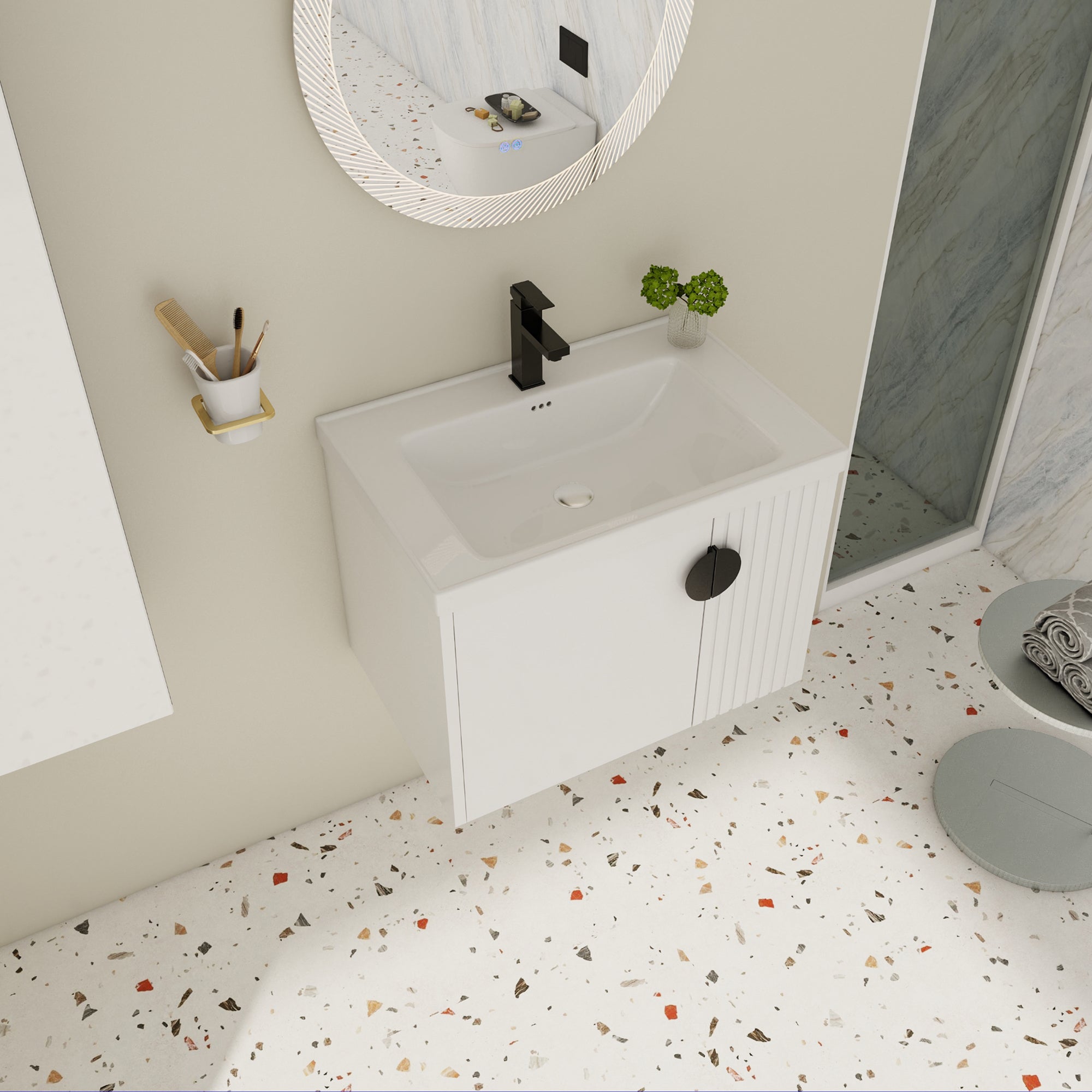 28 inch Plywood Wall Mounted Bathroom Vanity Set with Integrated Ceramic Sink