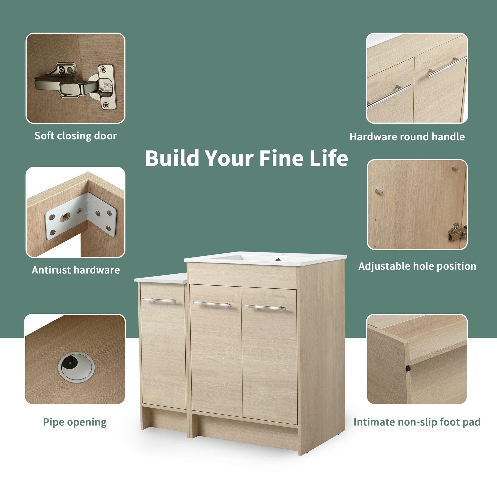 36 inch Plywood Freestanding Bathroom Vanity Set with Adjustable Shelf and Integrated Ceramic Sink