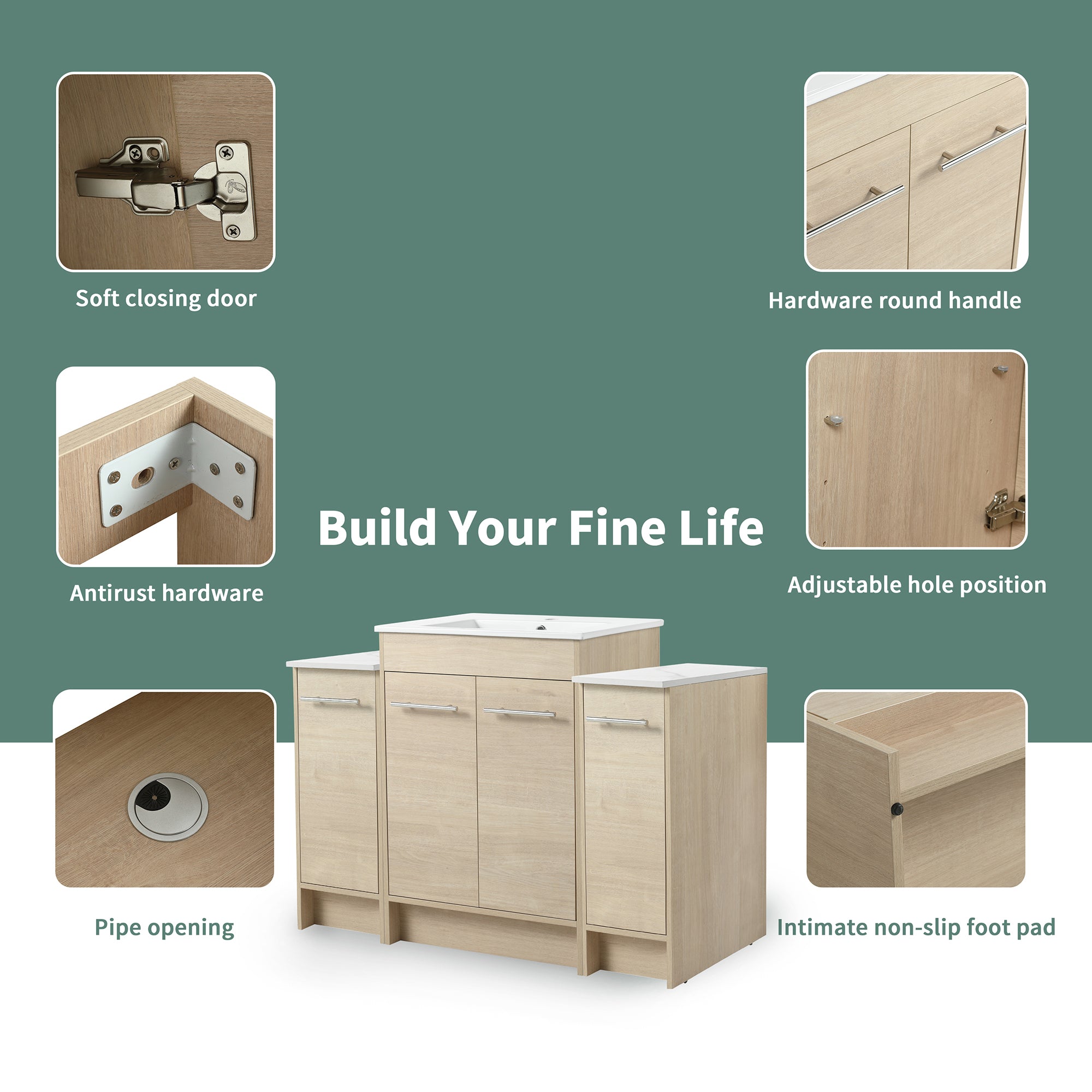 48 inch Plywood Freestanding Bathroom Vanity Set with Adjustable Shelf and Integrated Ceramic Sink