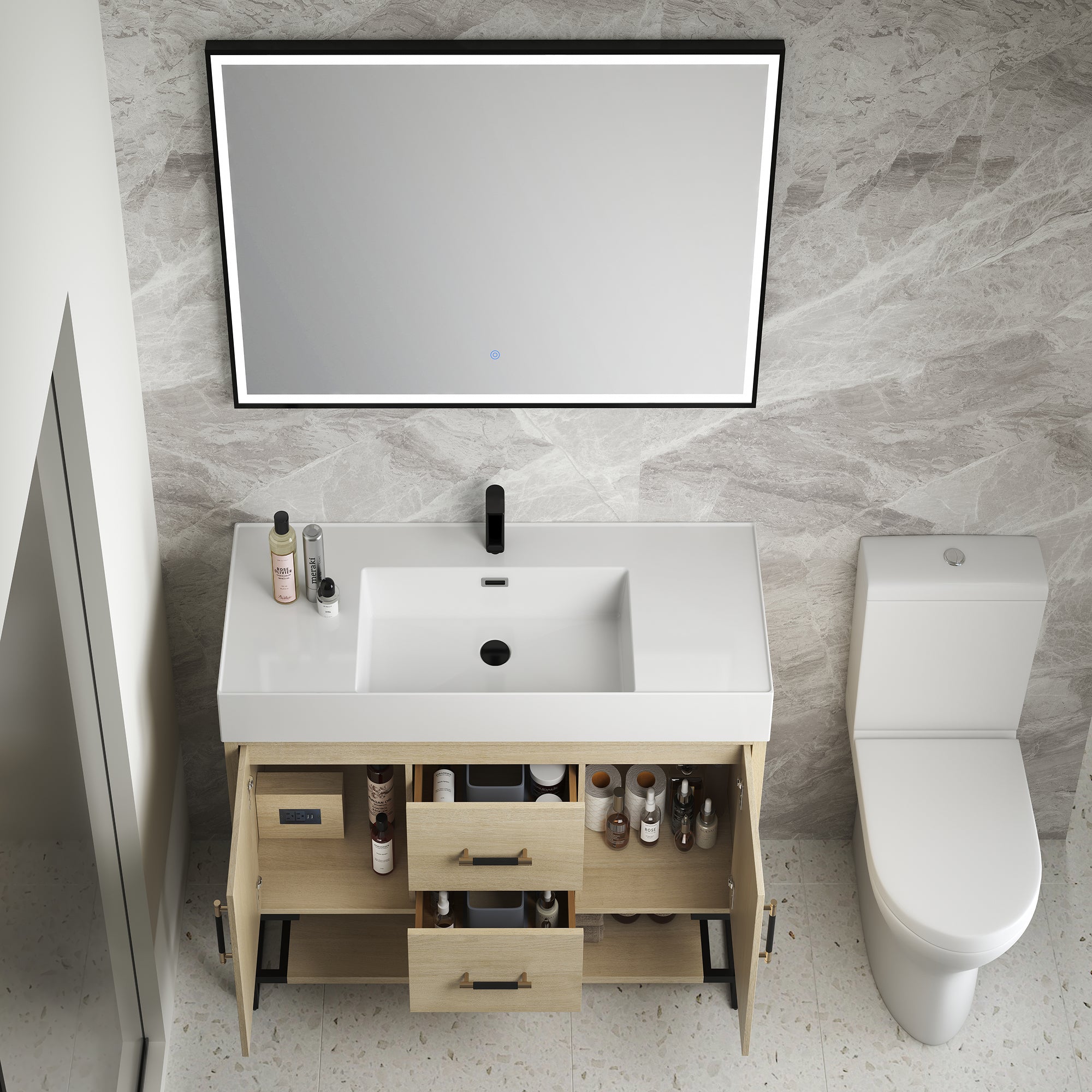 24 Inch Plywood Freestanding Bathroom Vanity With White Resin Sink and Doors and shelf