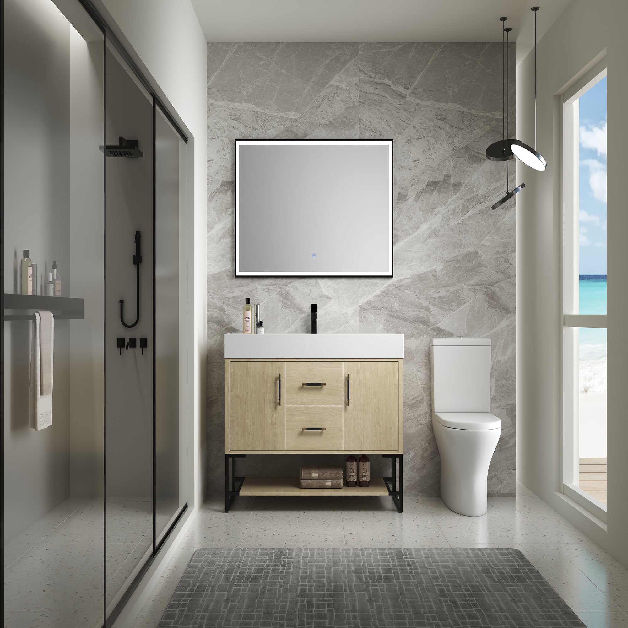 24 Inch Plywood Freestanding Bathroom Vanity With White Resin Sink and Doors and shelf