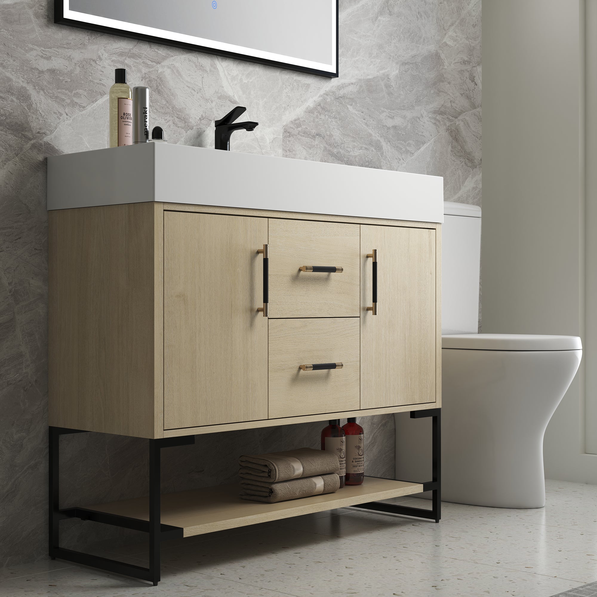 24 Inch Plywood Freestanding Bathroom Vanity With White Resin Sink and Doors and shelf