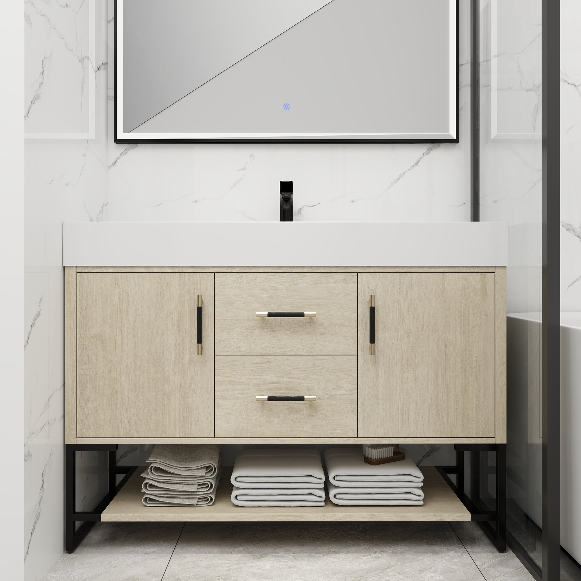 24 Inch Plywood Freestanding Bathroom Vanity With White Resin Sink and Doors and shelf