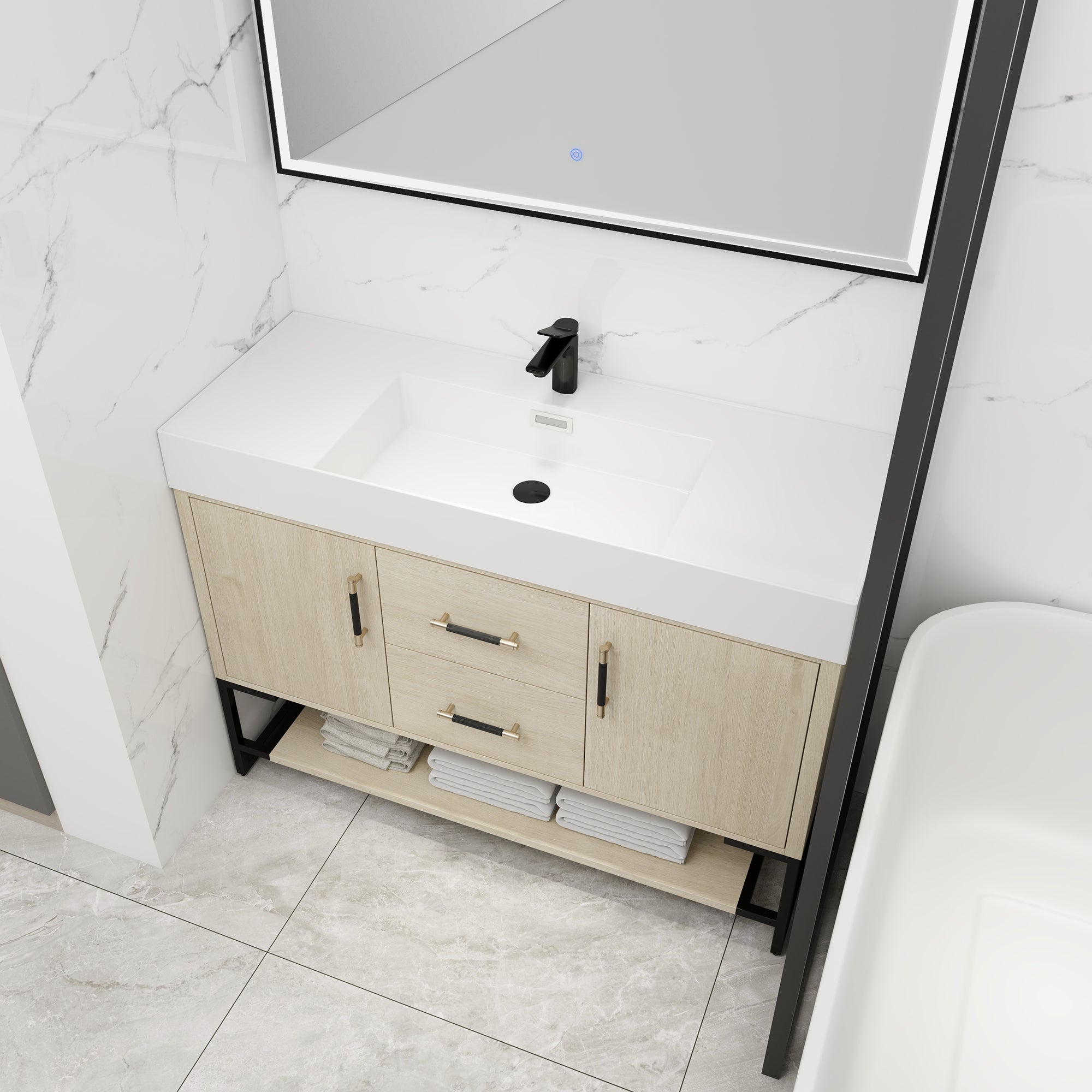 24 Inch Plywood Freestanding Bathroom Vanity With White Resin Sink and Doors and shelf