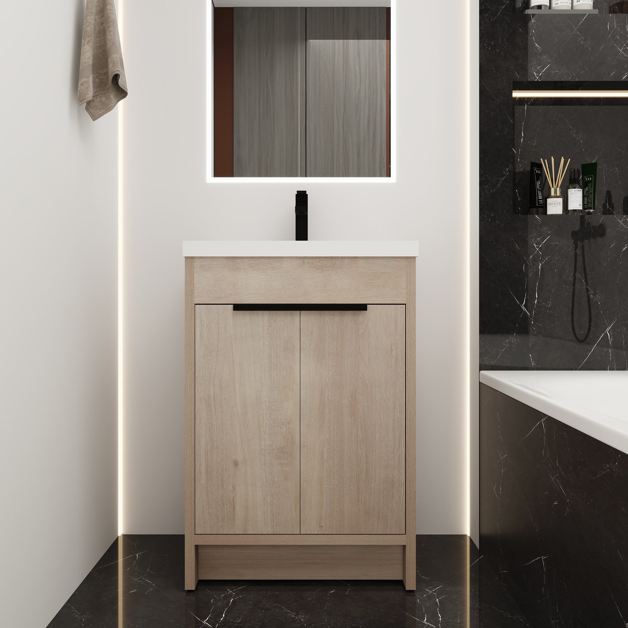 24 Inch Plywood Freestanding Bathroom Vanity With White Resin Sink and Doors and shelf