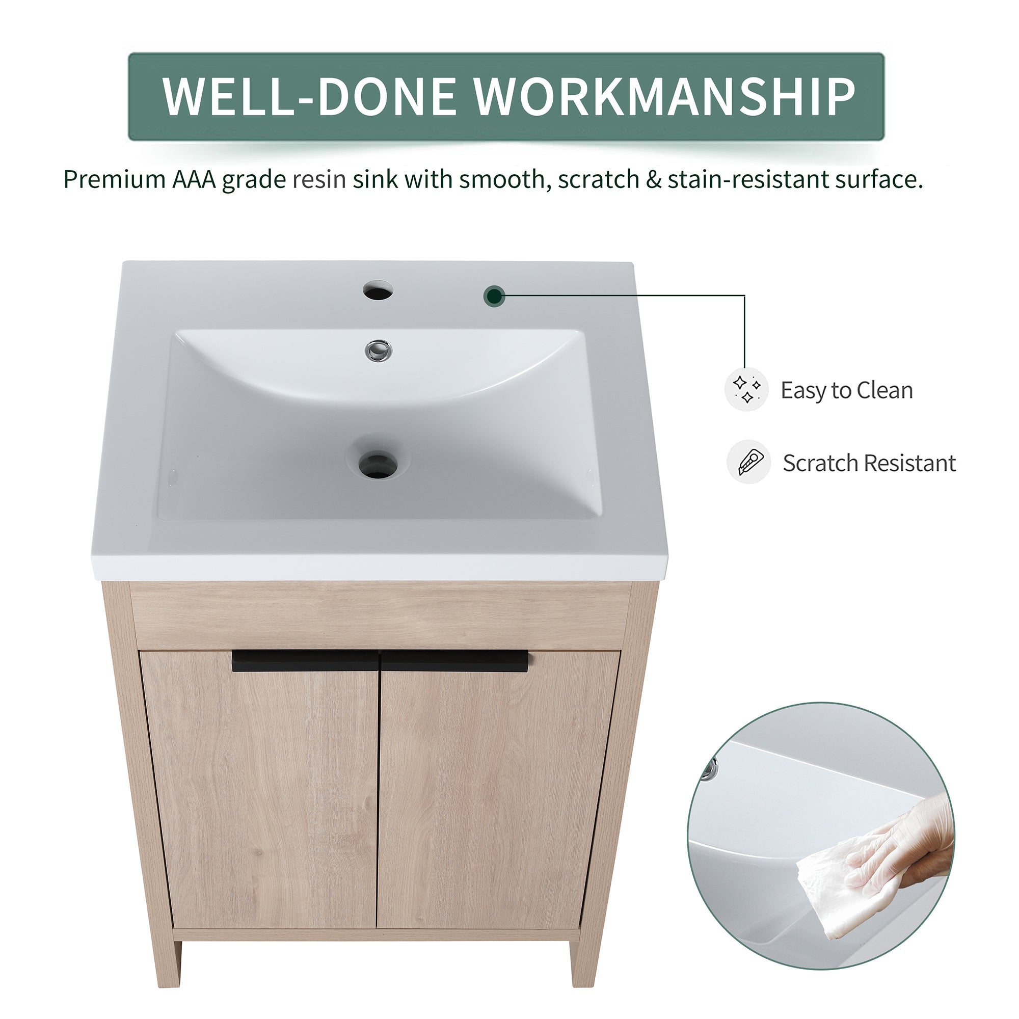 24 Inch Plywood Freestanding Bathroom Vanity With White Resin Sink and Doors and shelf