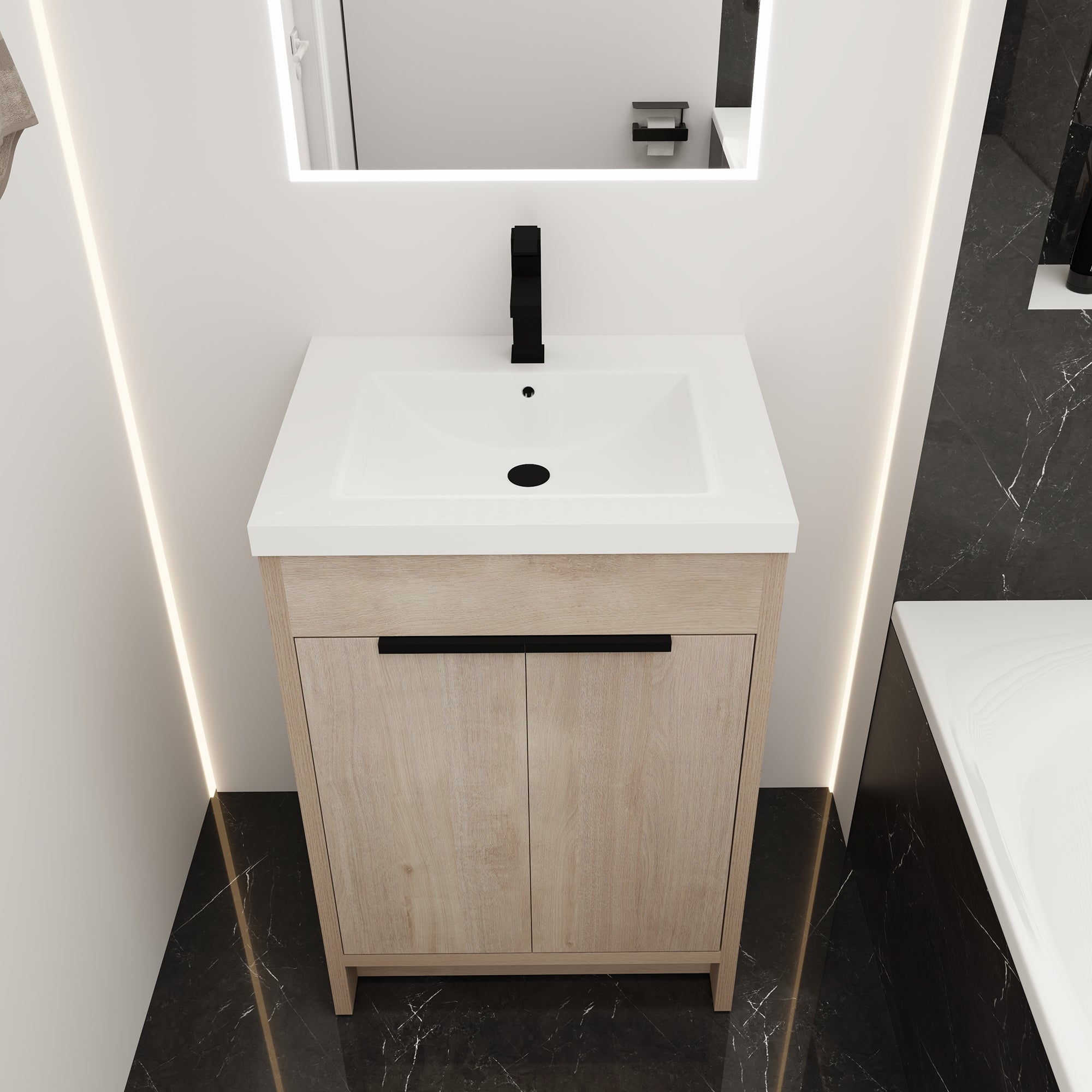 24 Inch Plywood Freestanding Bathroom Vanity With White Resin Sink and Doors and shelf